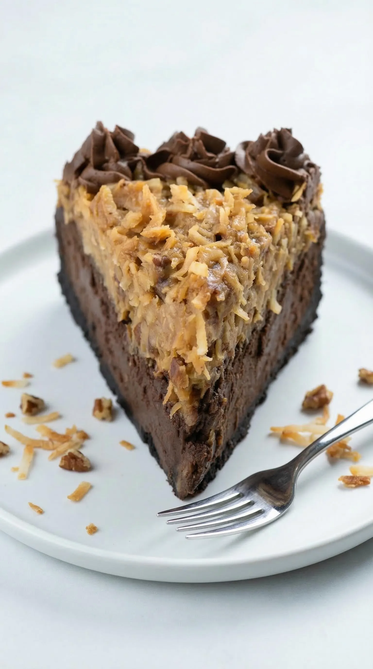A slice of chocolate cake with coconut on top.
