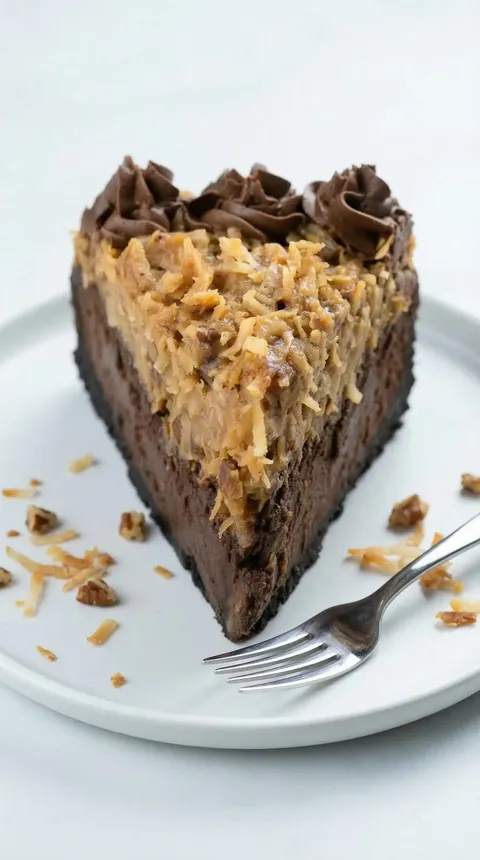 A slice of chocolate cake with coconut on top.