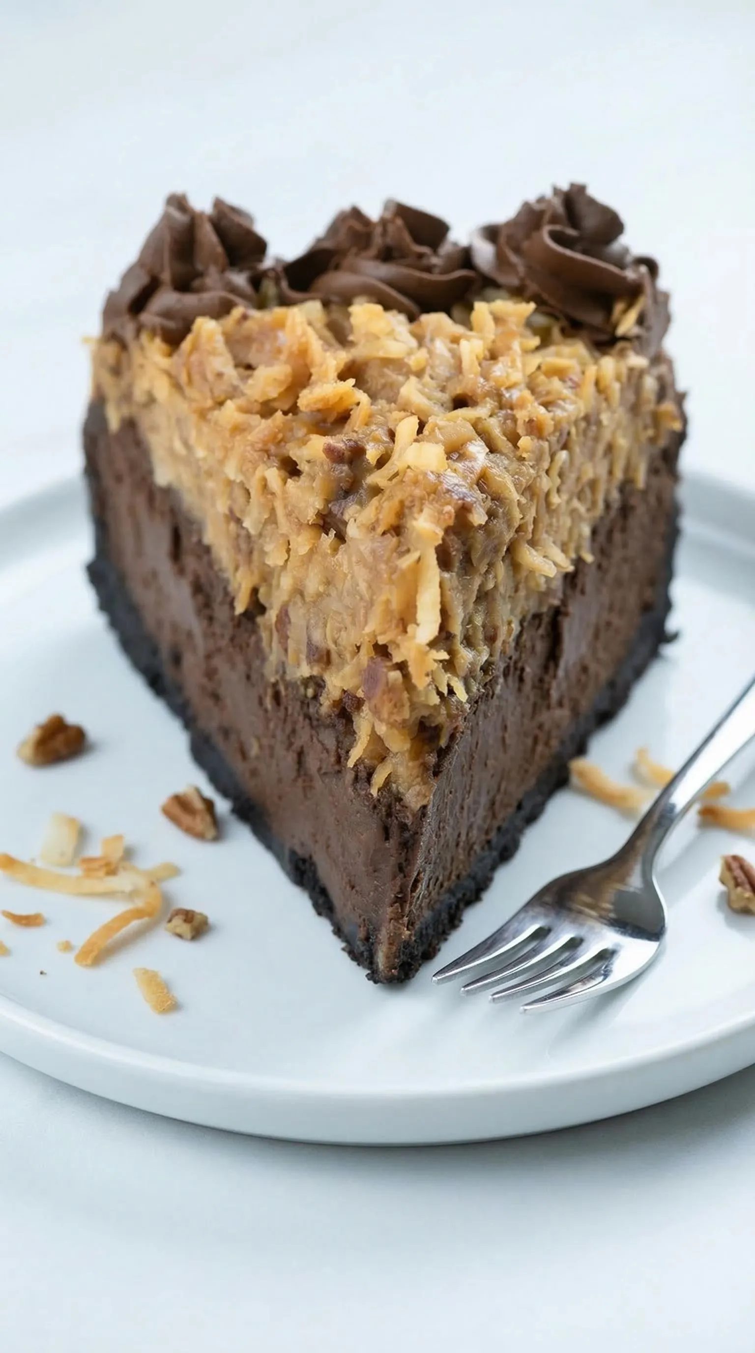 A slice of chocolate cake with a fork on a plate.