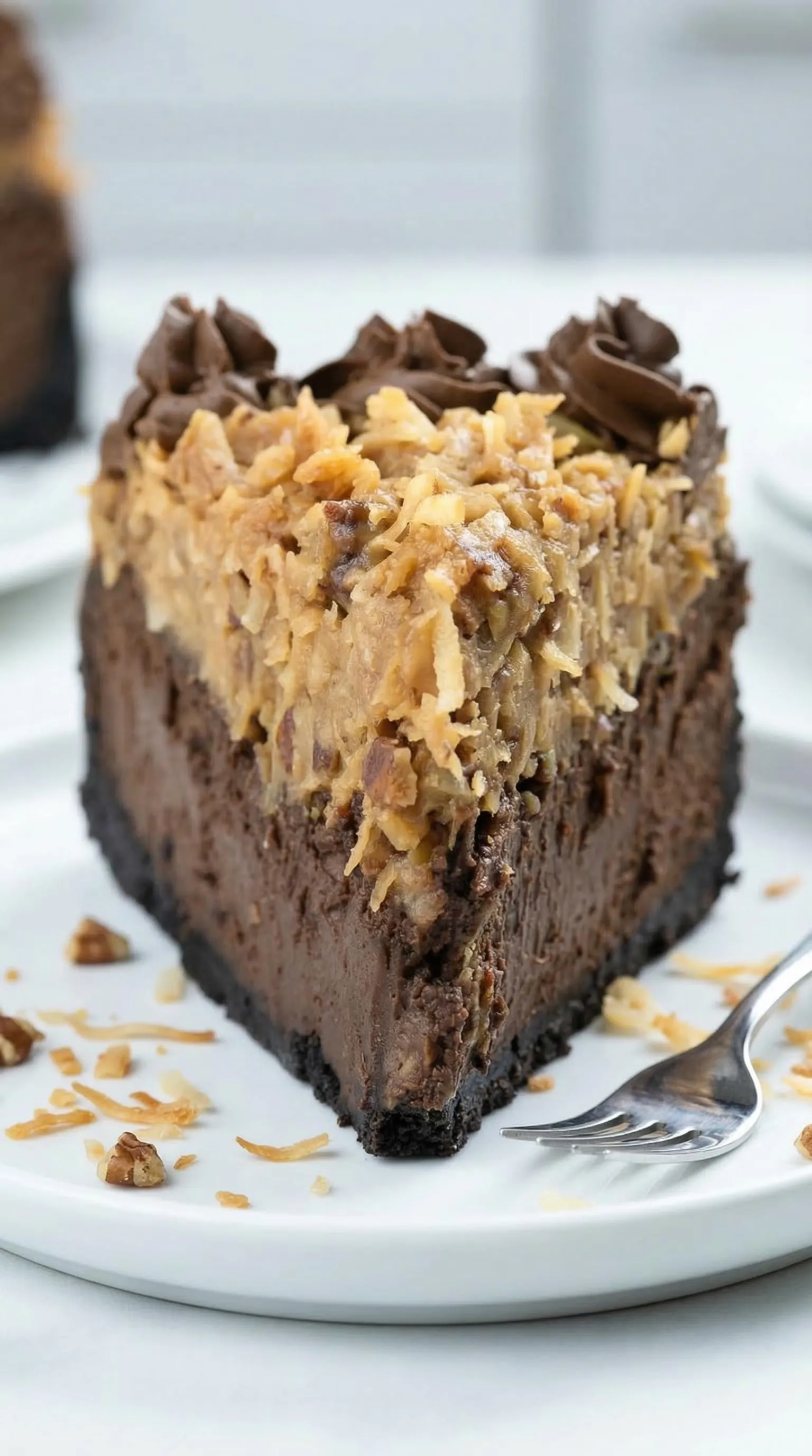 A slice of chocolate cake with nuts on top.