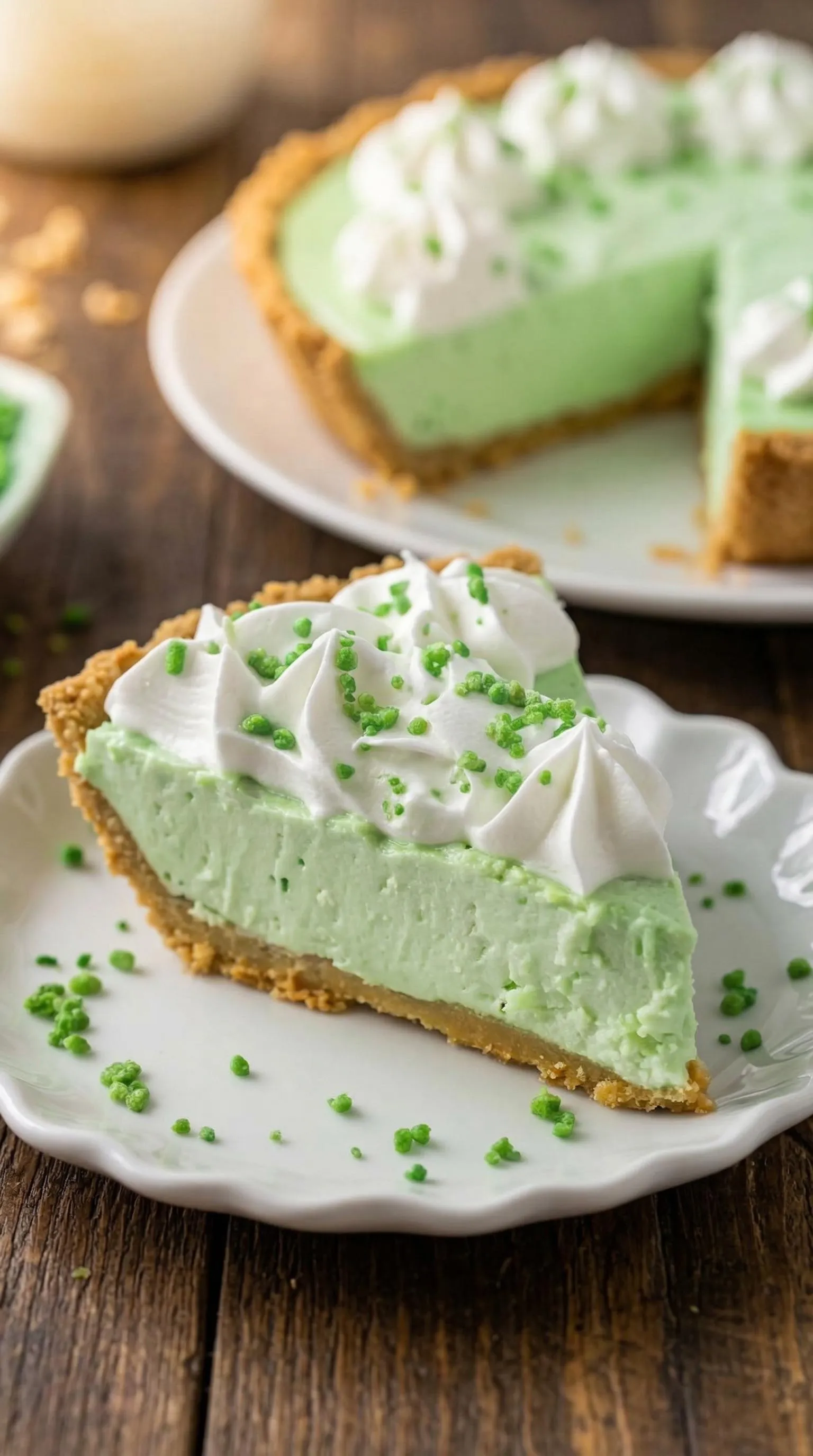 A slice of green pie with white whipped cream.