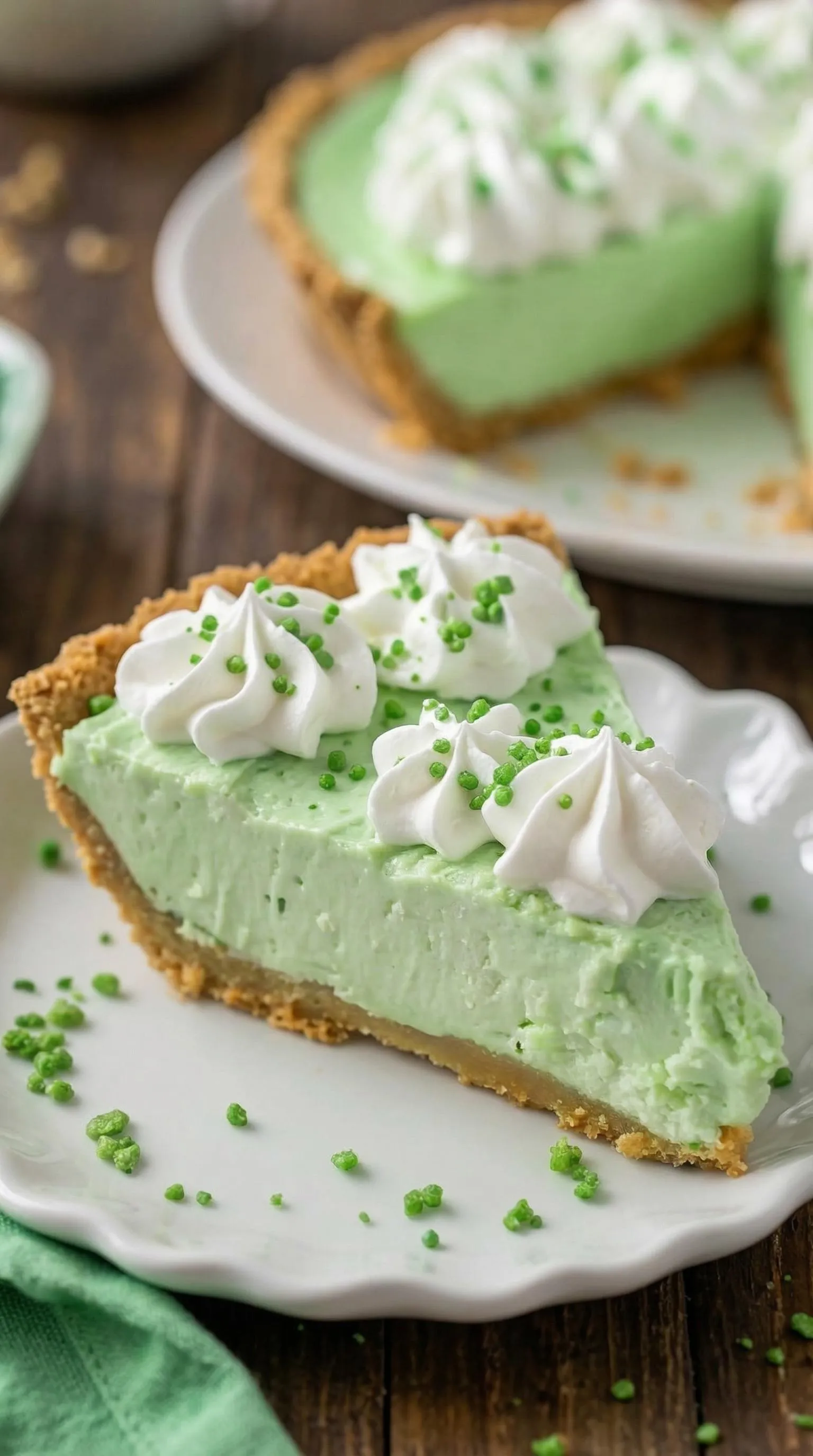 A slice of pie with whipped cream on top.