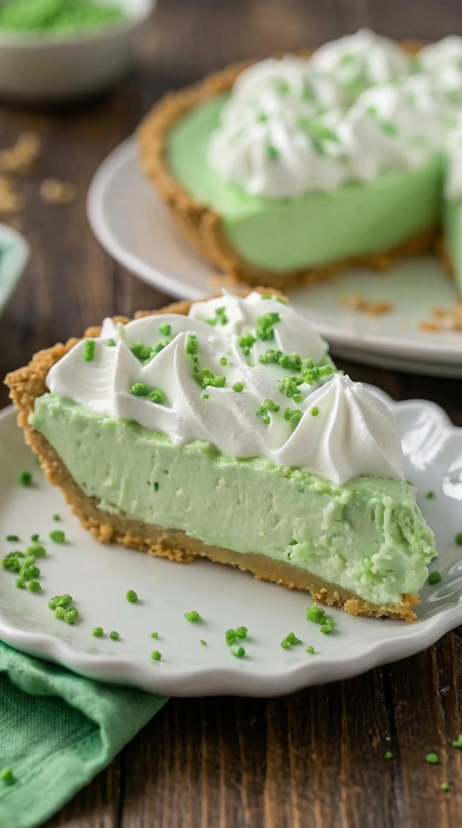 A slice of pie with whipped cream and green toppings.