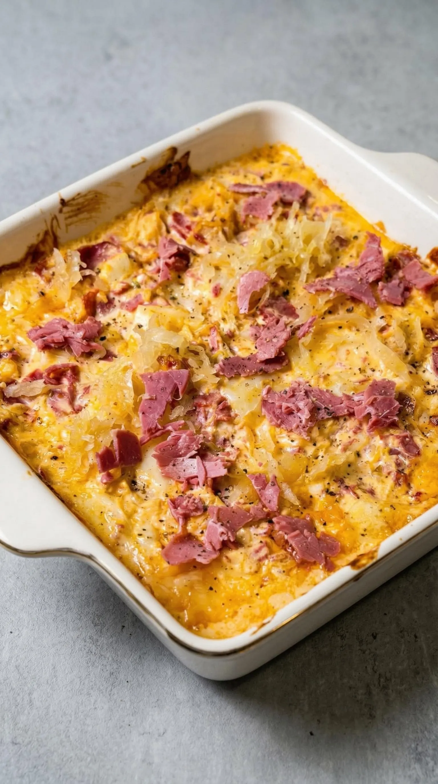 A white dish with meat and cheese.
