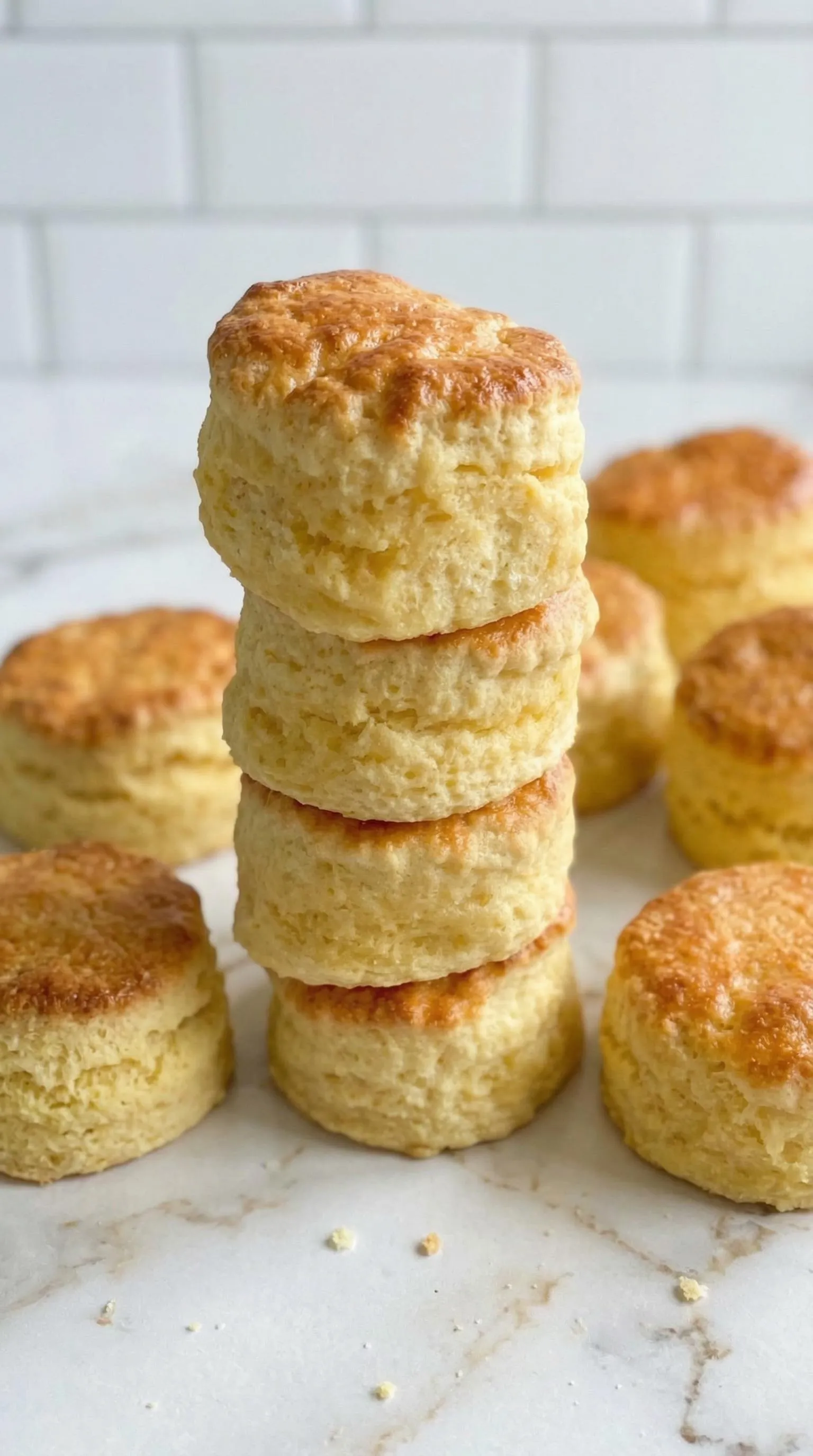 Stack of biscuits on a table.