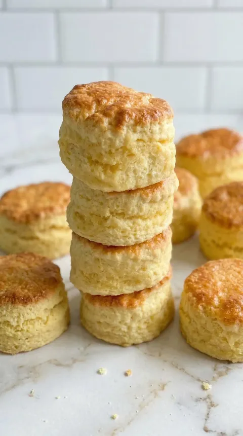 Stack of biscuits on a table.