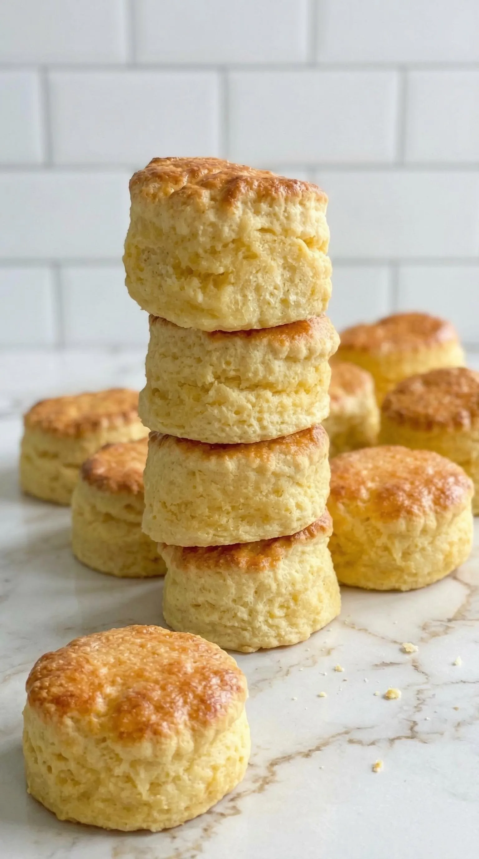 Stack of biscuits on a table.