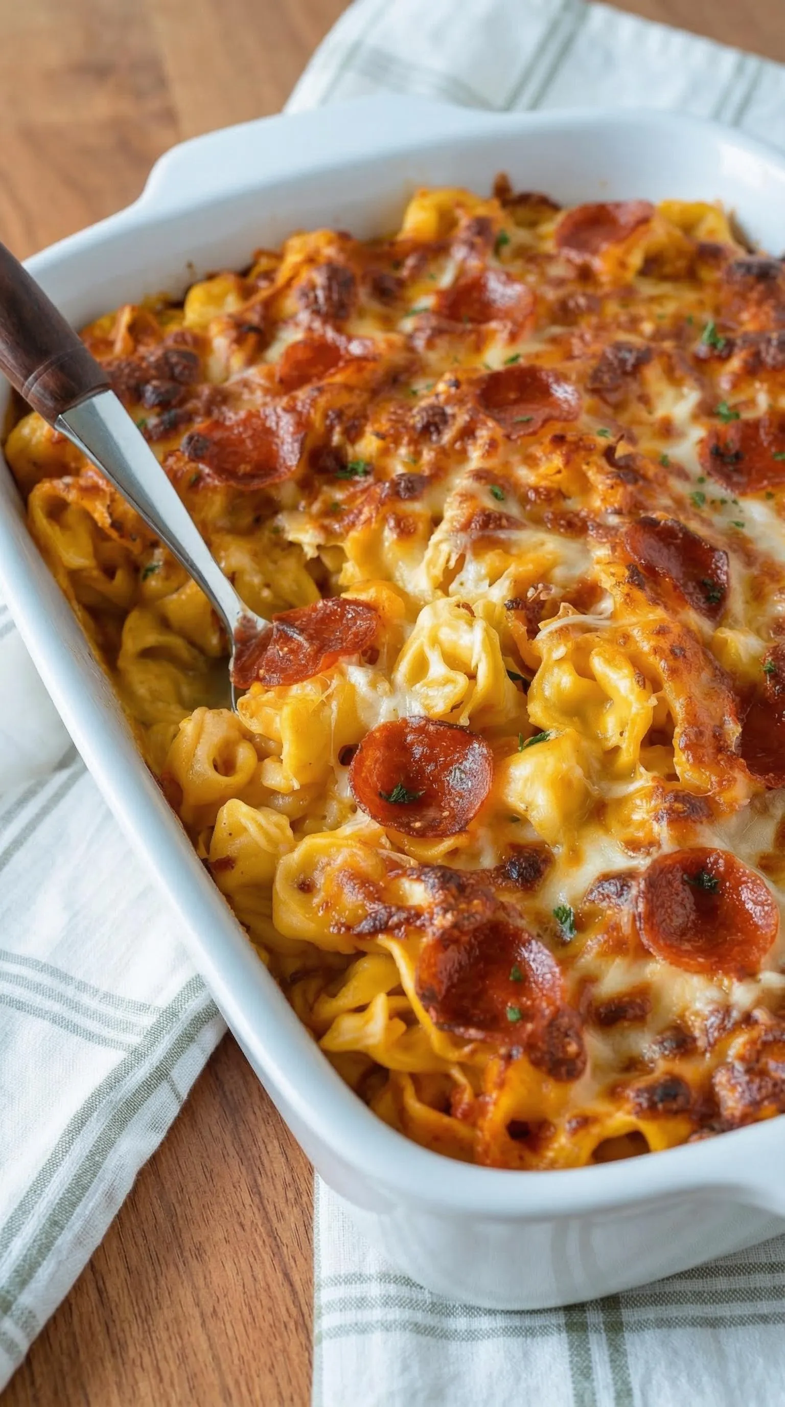 A white bowl filled with macaroni and cheese with pepperoni on top.