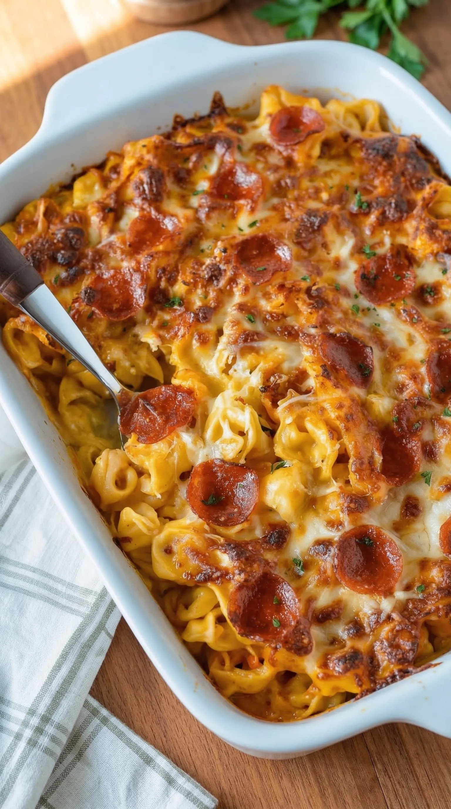 A white bowl filled with a cheesy, pepperoni and noodle dish.