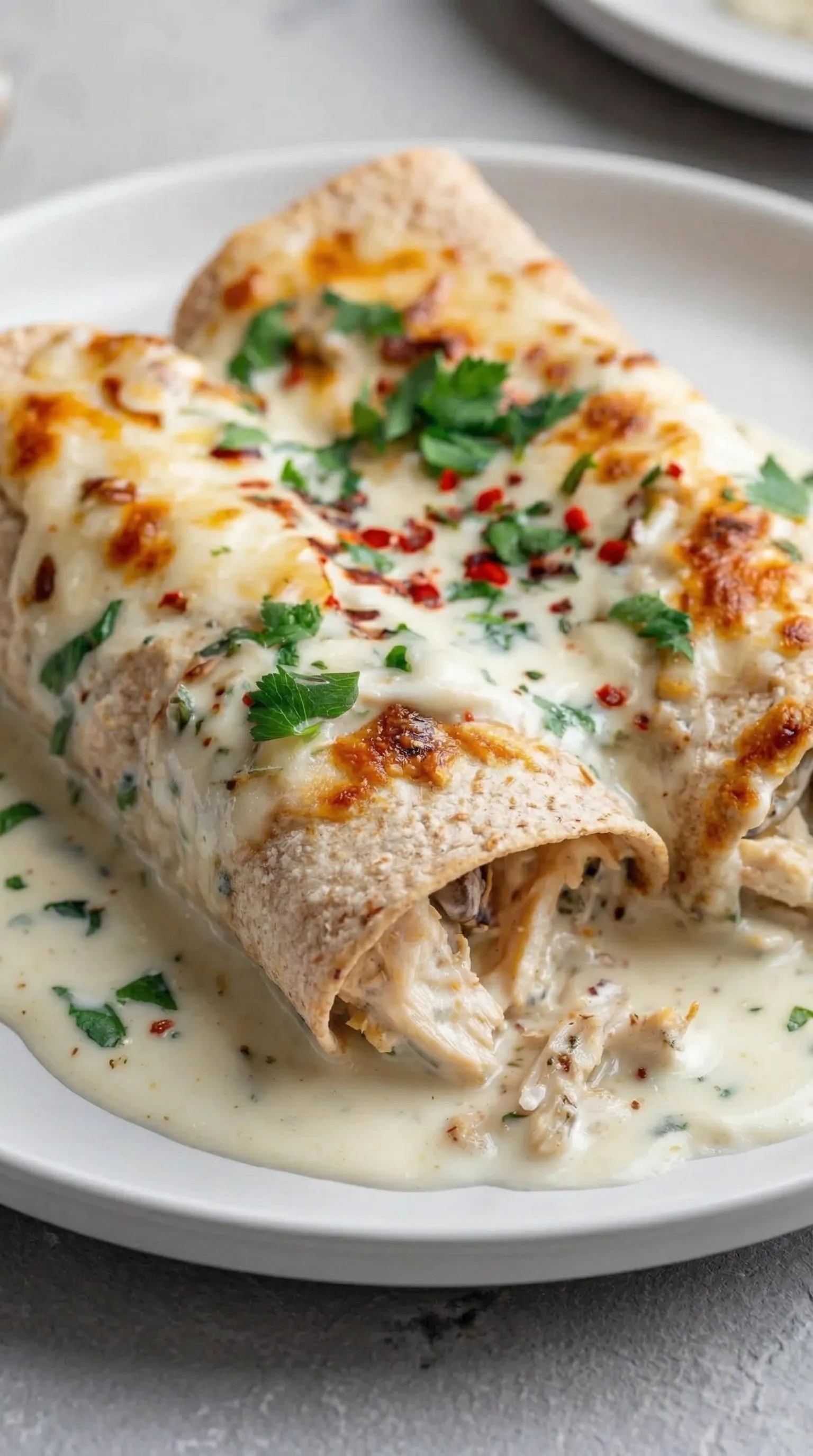 A plate of food with a white sauce.