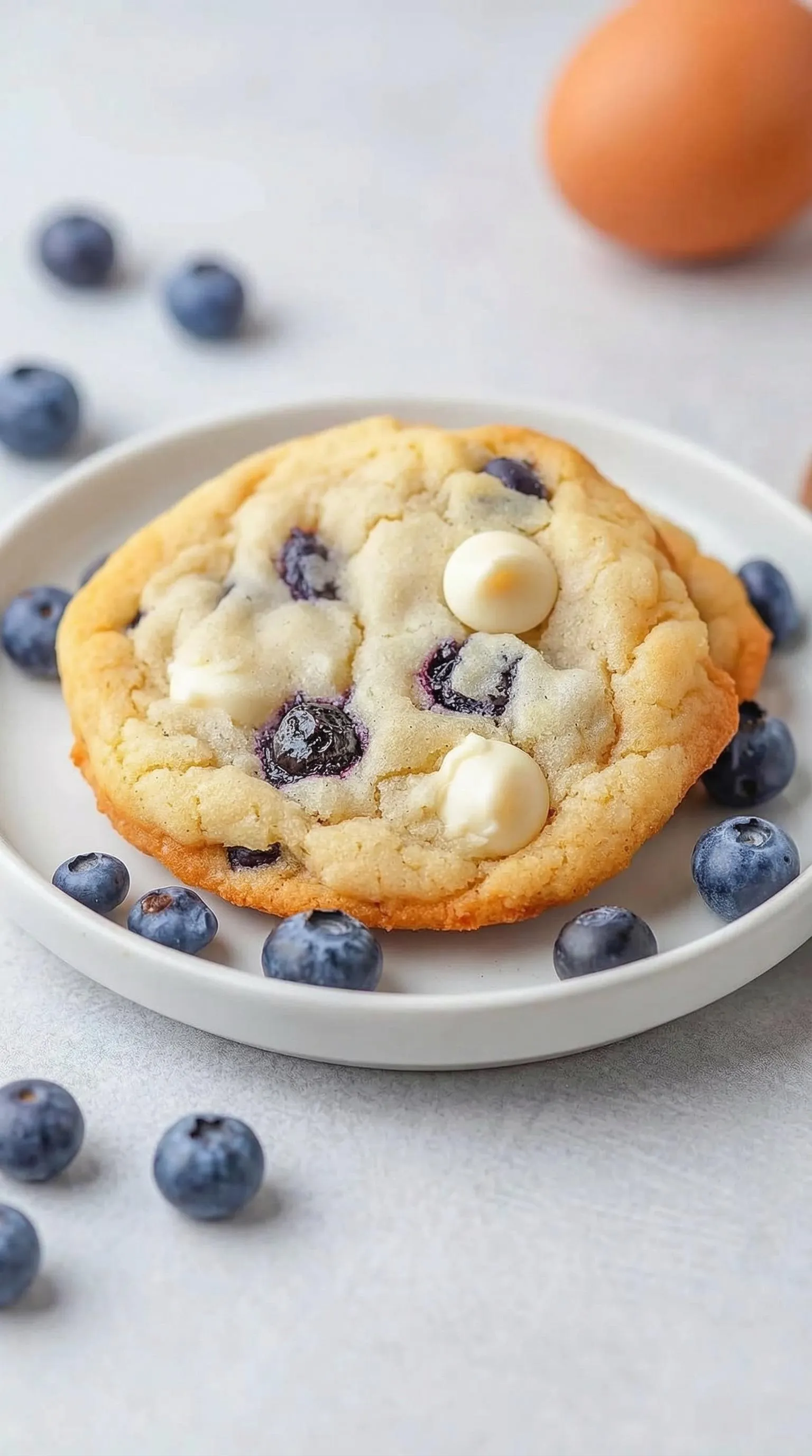 A blueberry cookie with white cream on top.