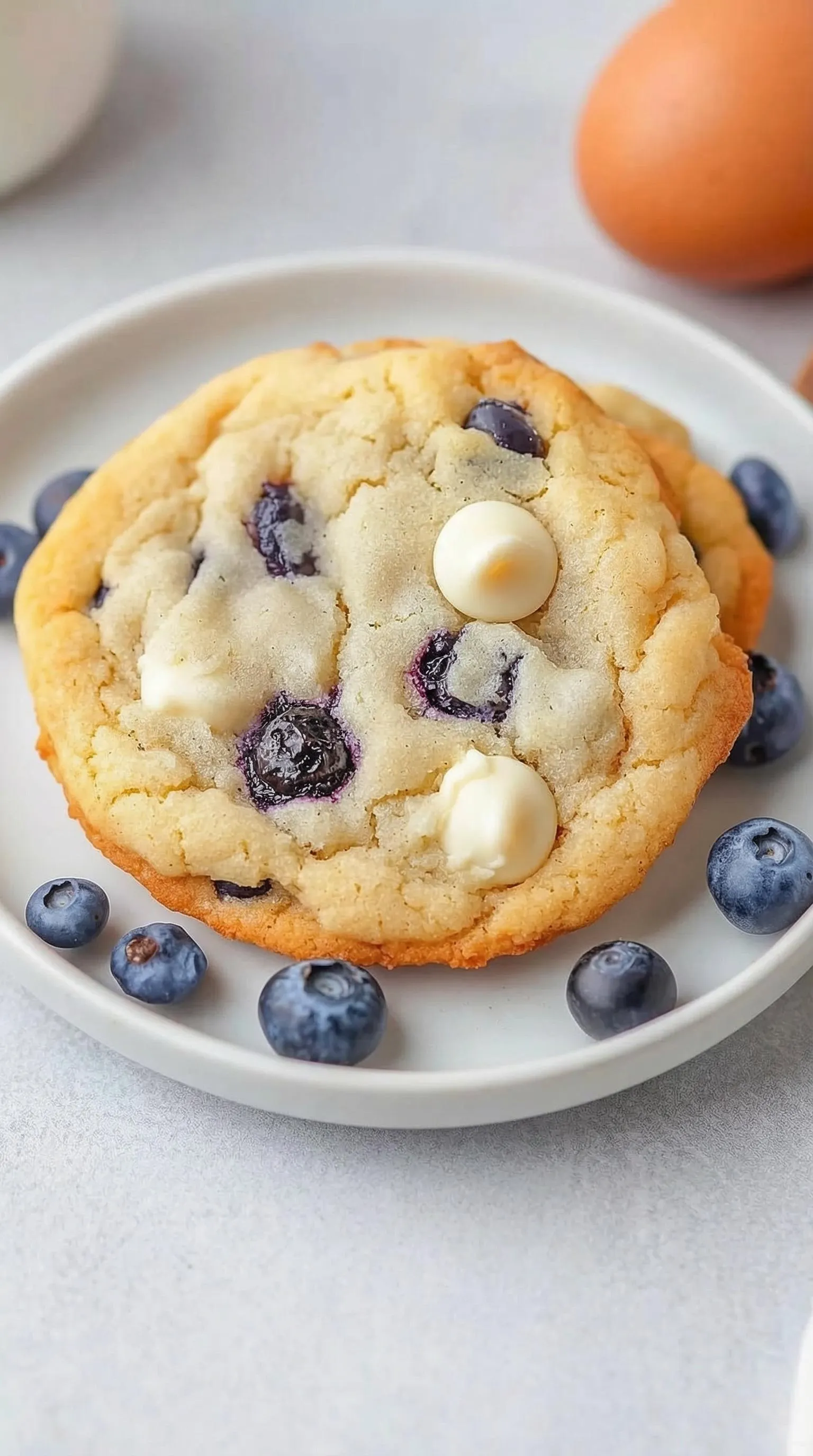 A blueberry cookie with white cream.