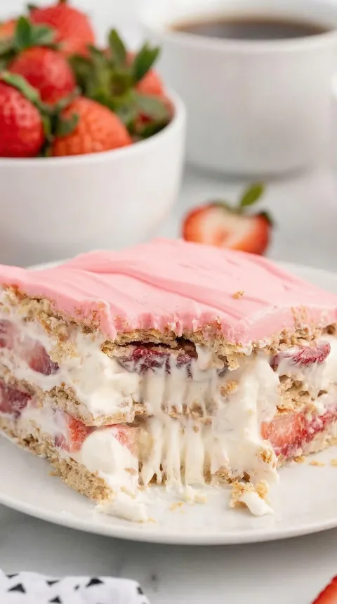 A slice of pink cake with strawberries on top.