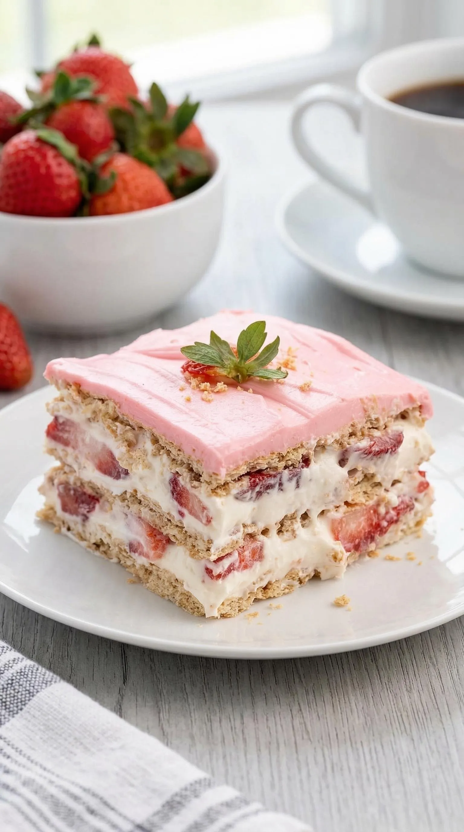 A slice of cake with strawberries on top.