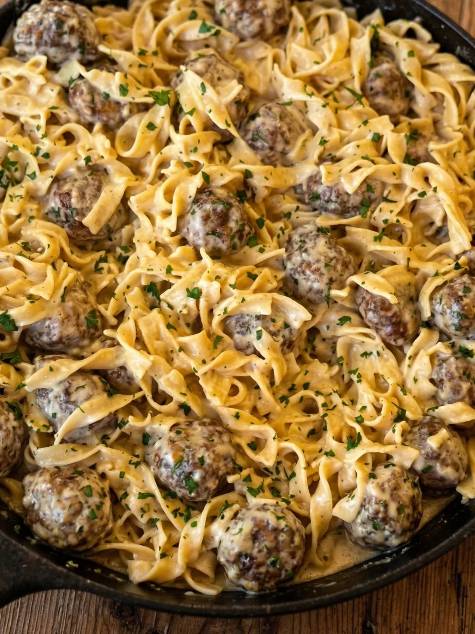 A bowl of pasta with meatballs and noodles.