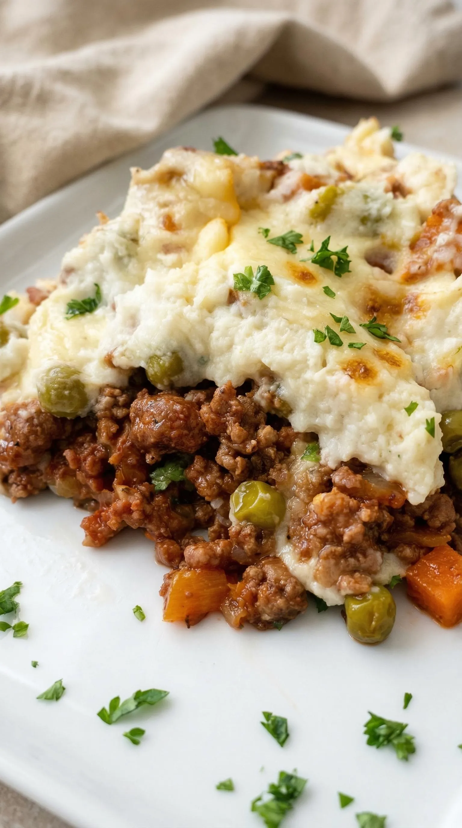 A plate of food with a slice of meat and vegetables.