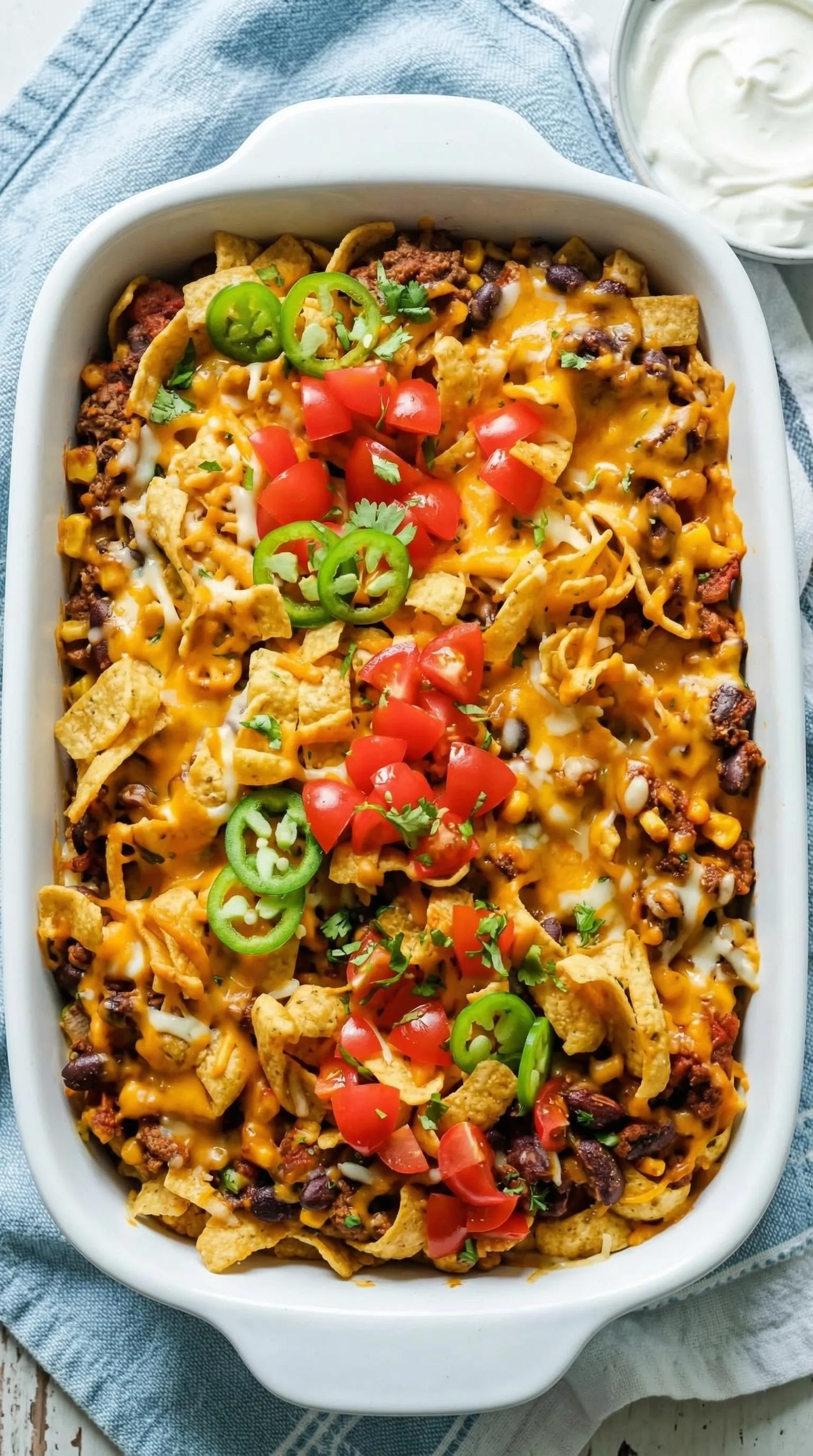 A white bowl filled with nachos and tomatoes.