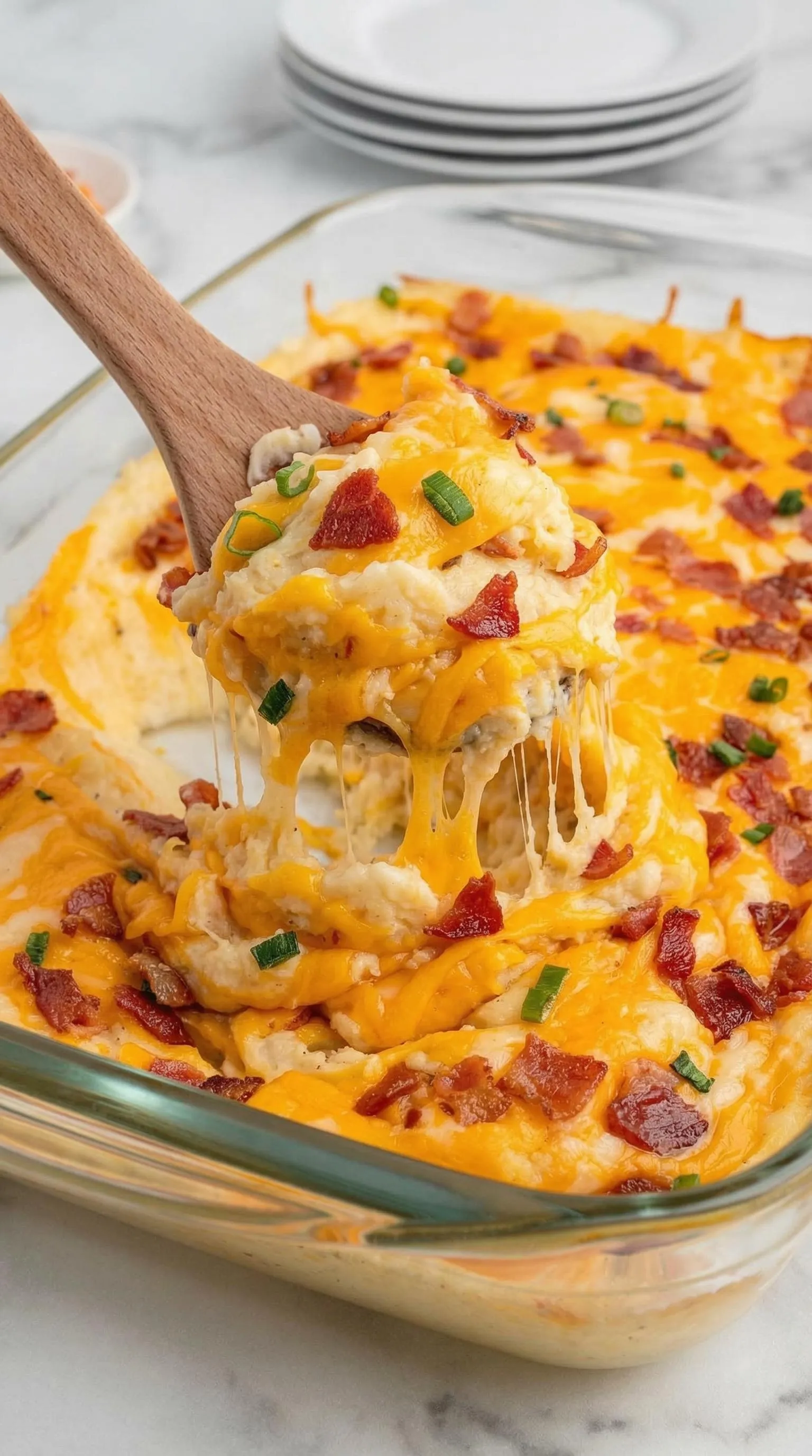 A wooden spoon is in a bowl of cheese and bacon.