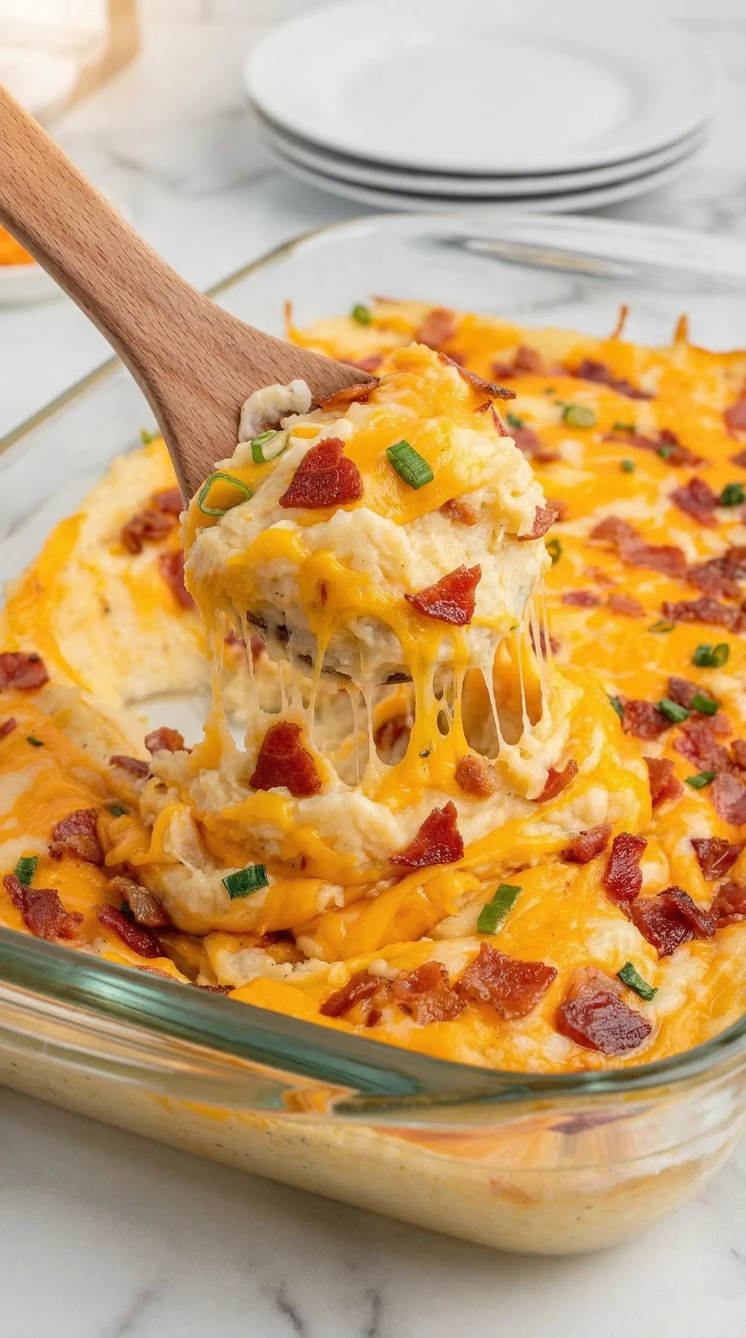 A wooden spoon is in a casserole dish.