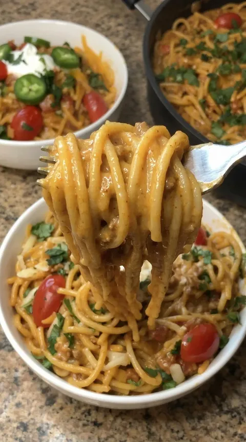 A fork is picking up noodles from a bowl.