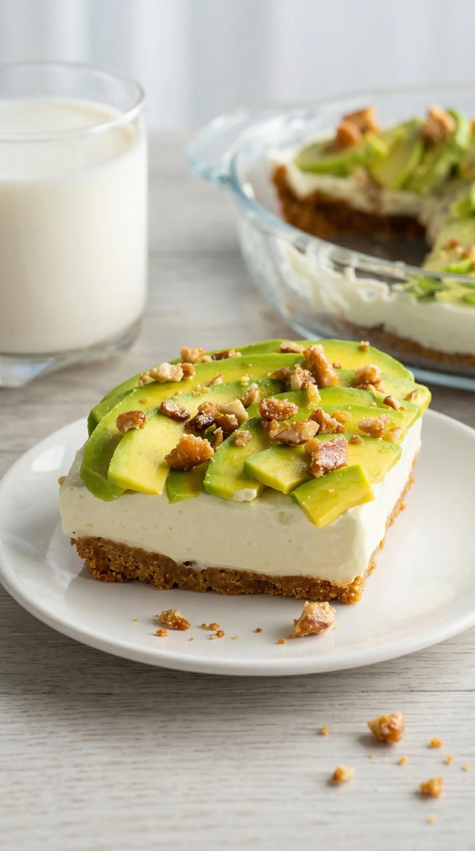 A slice of pizza with avocado and walnuts on top.