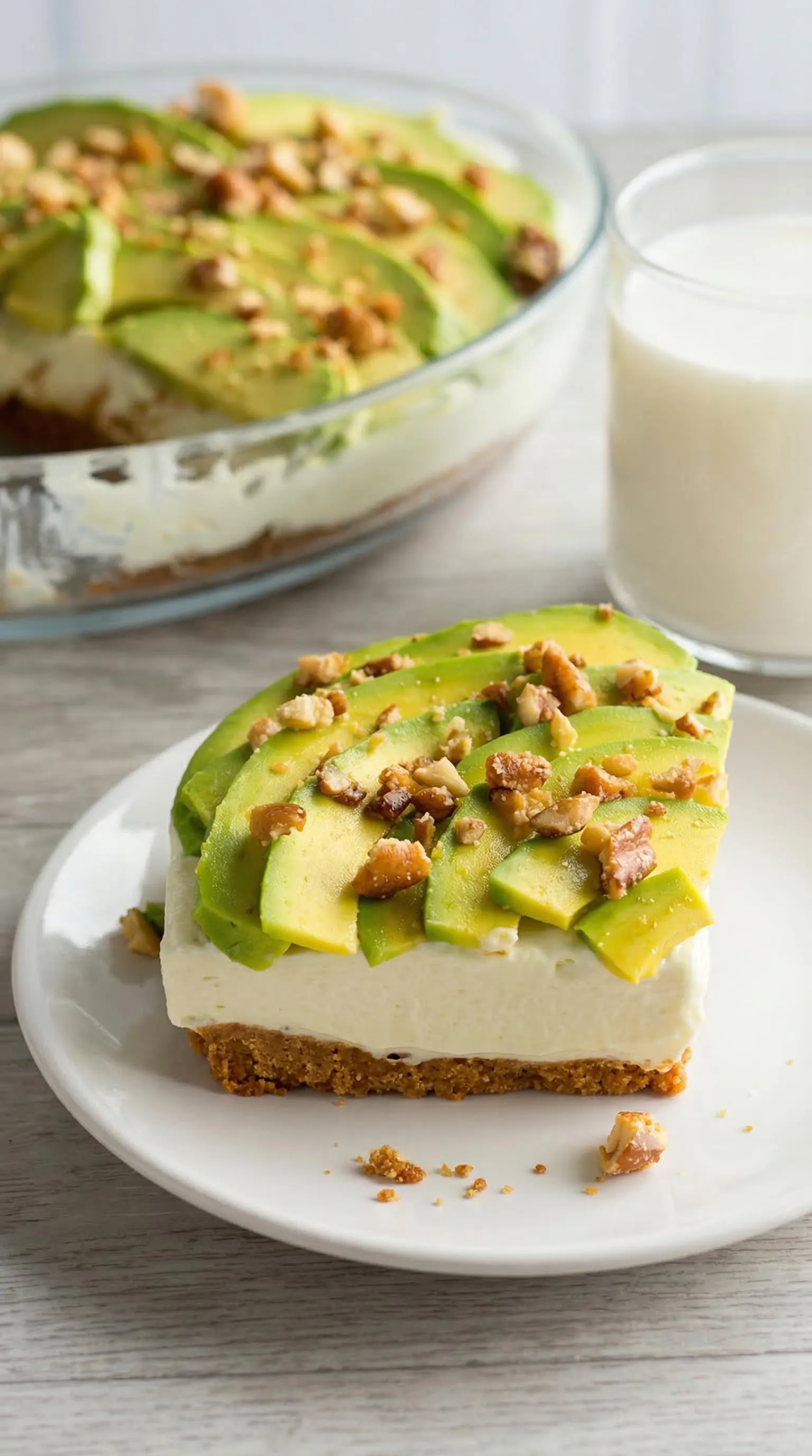 A slice of pizza with avocado and walnuts.