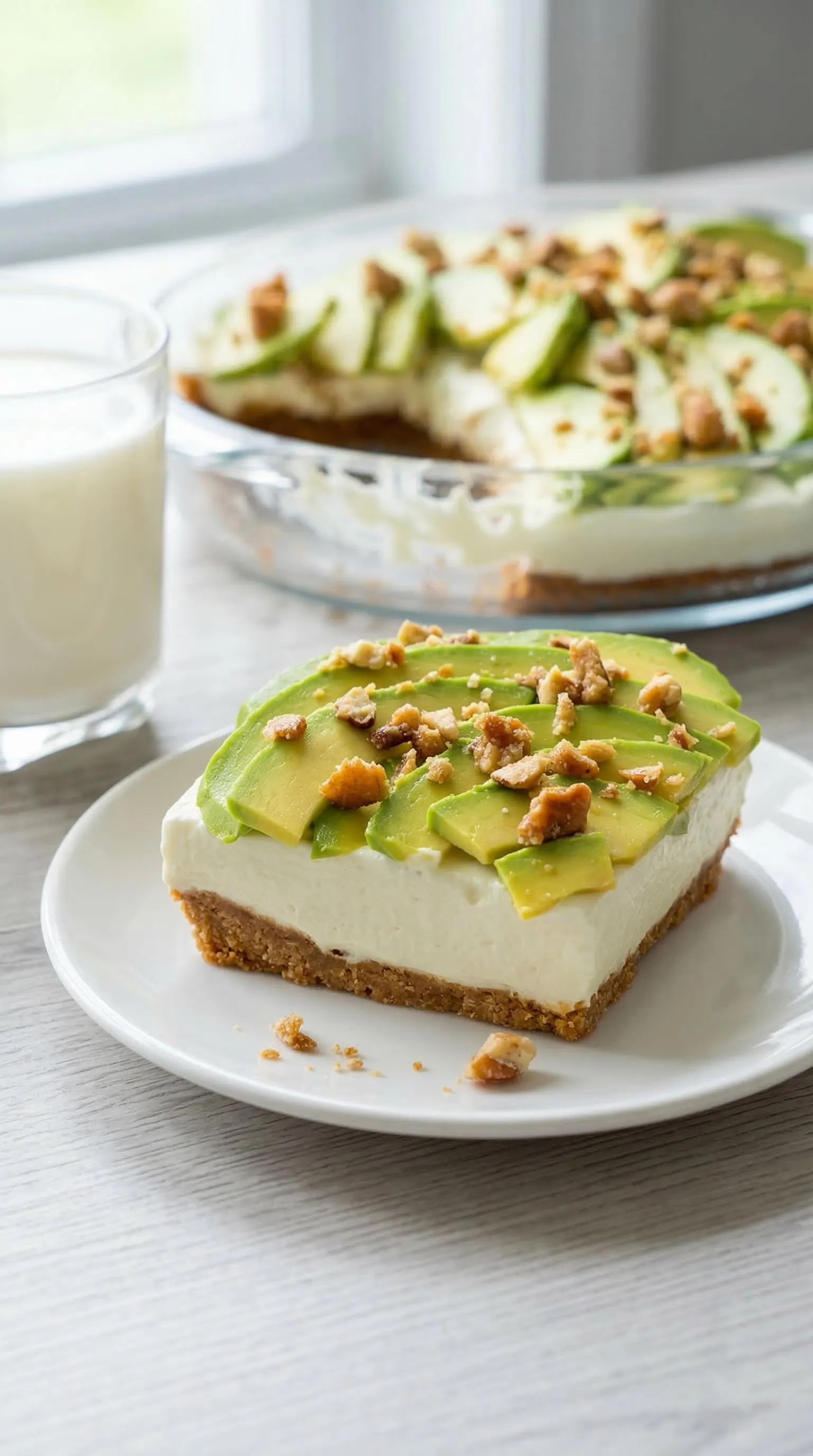 A slice of avocado cake on a white plate.