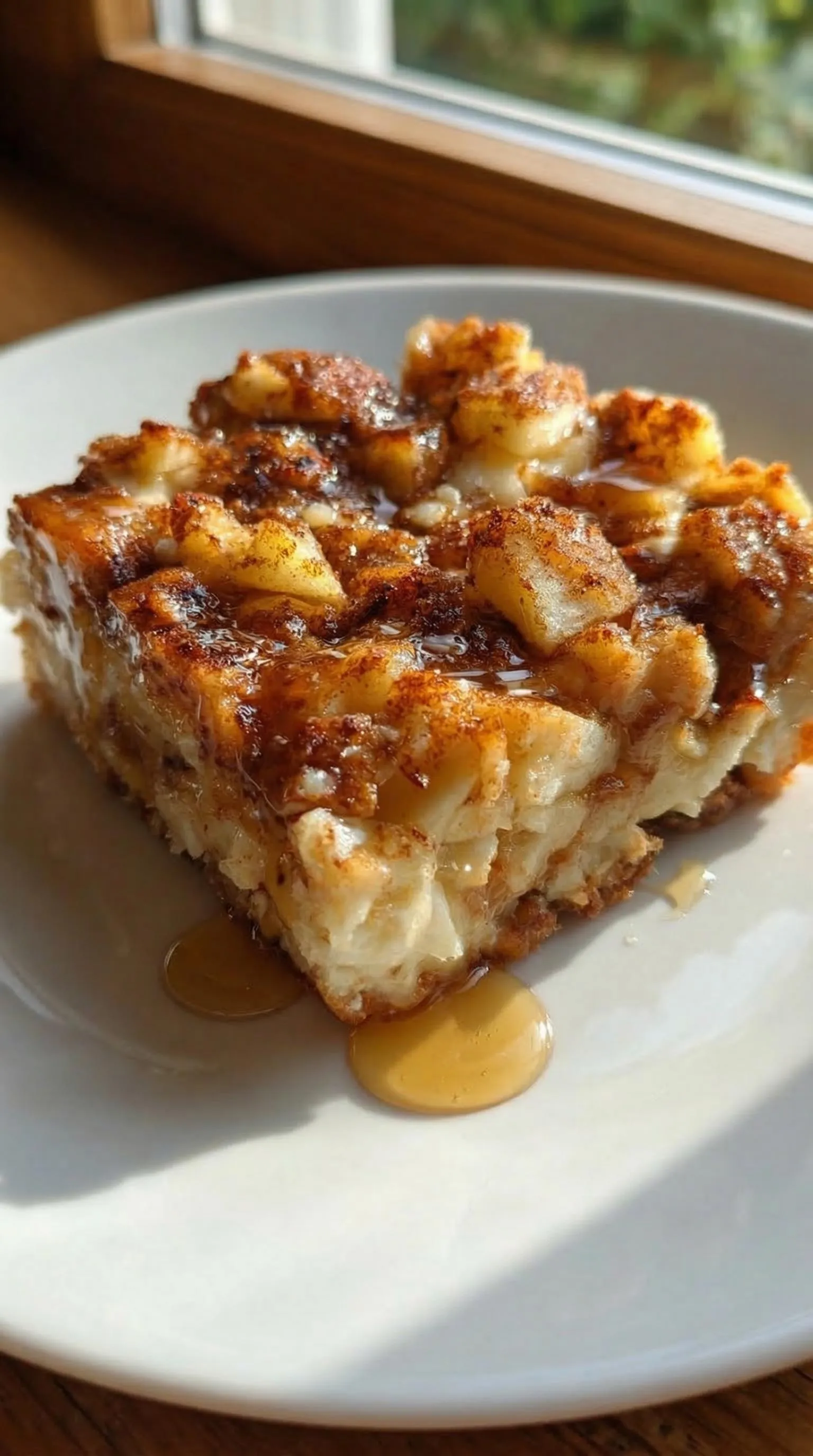 A piece of cake with caramel sauce on a white plate.