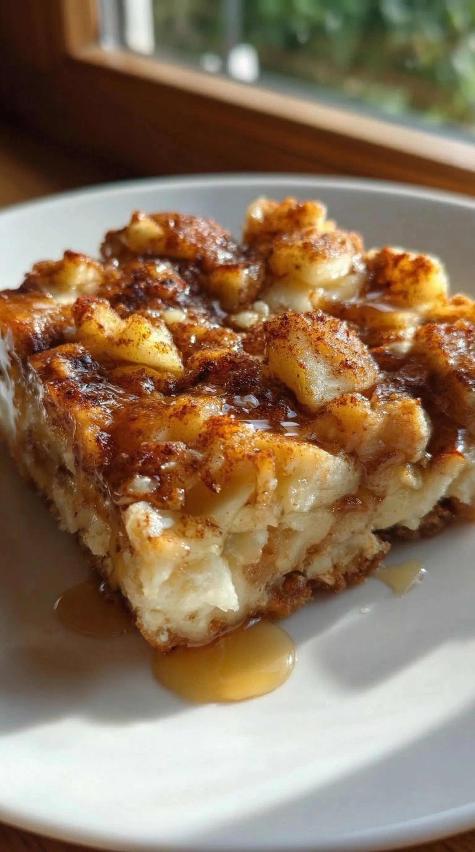 A slice of cake with caramel sauce.