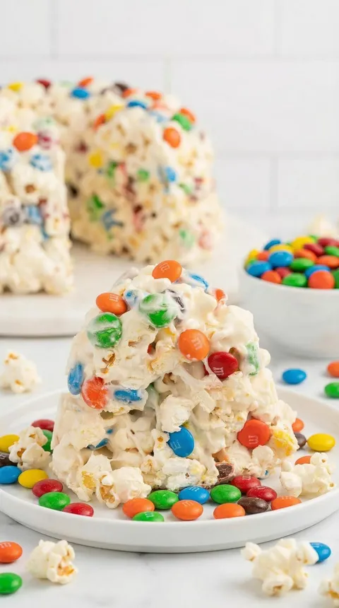 A stack of marshmallows with M&M's on top.