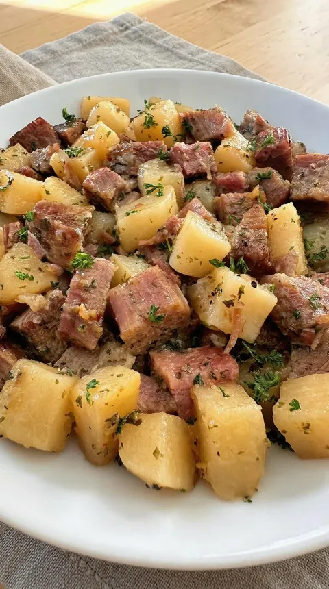 A plate of meat and potatoes.