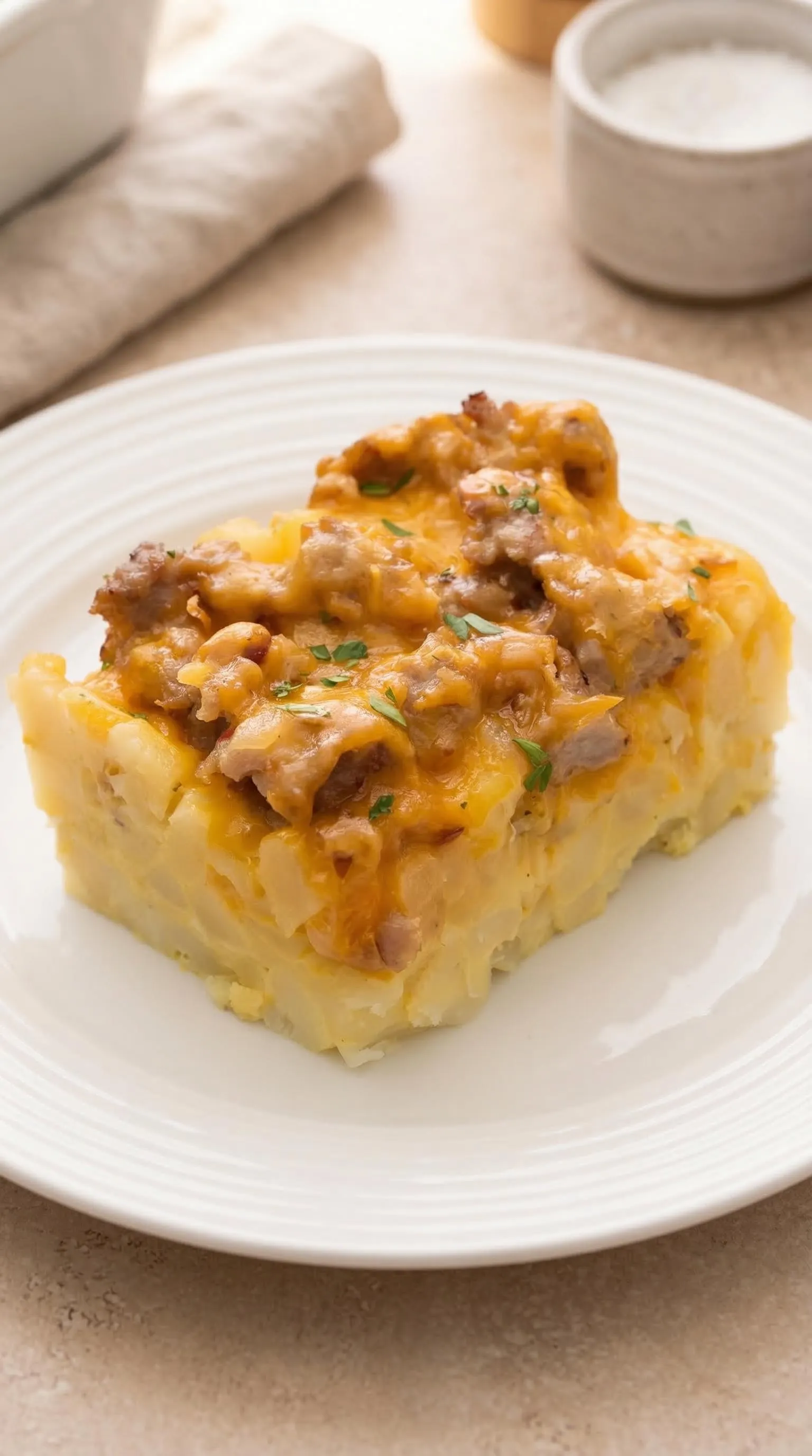 A square piece of food with cheese and meat on it.