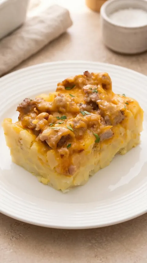 A square piece of food with cheese and meat on it.