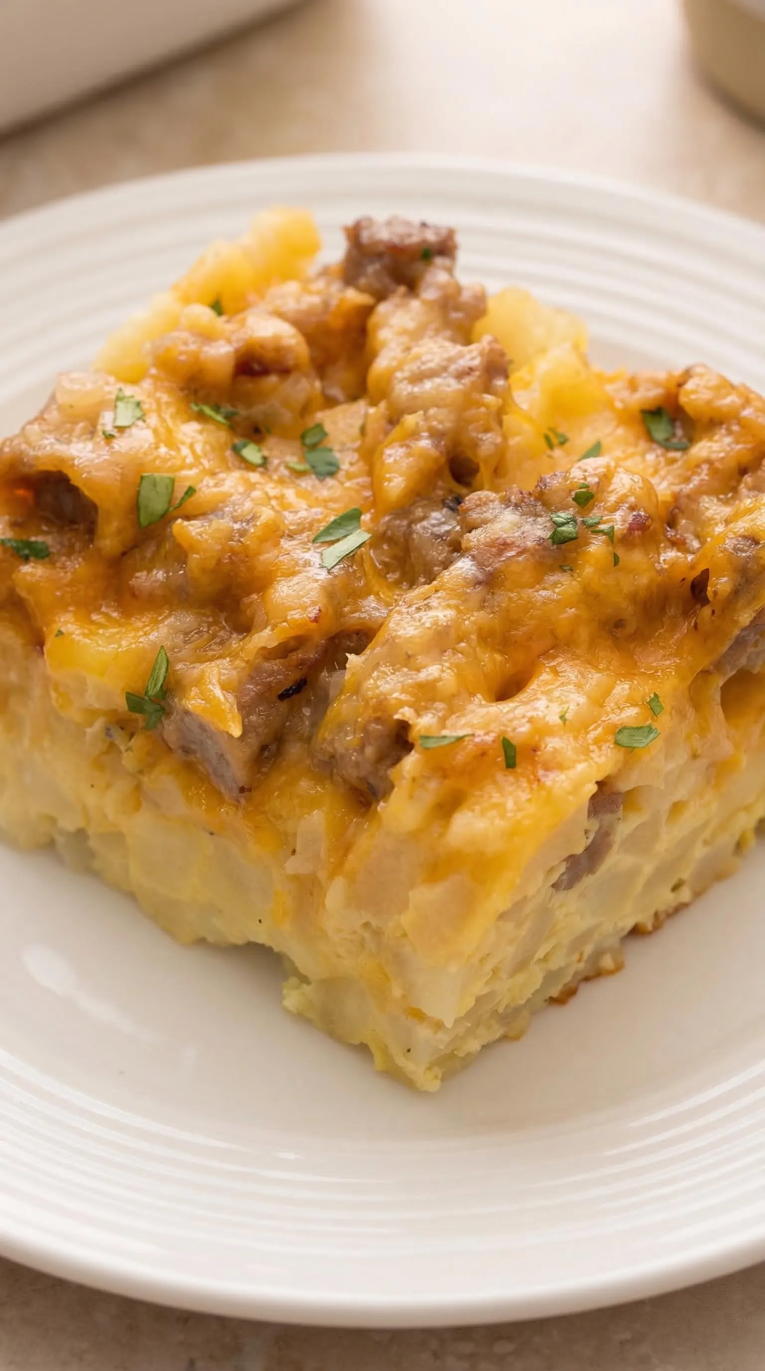A square piece of food on a white plate.