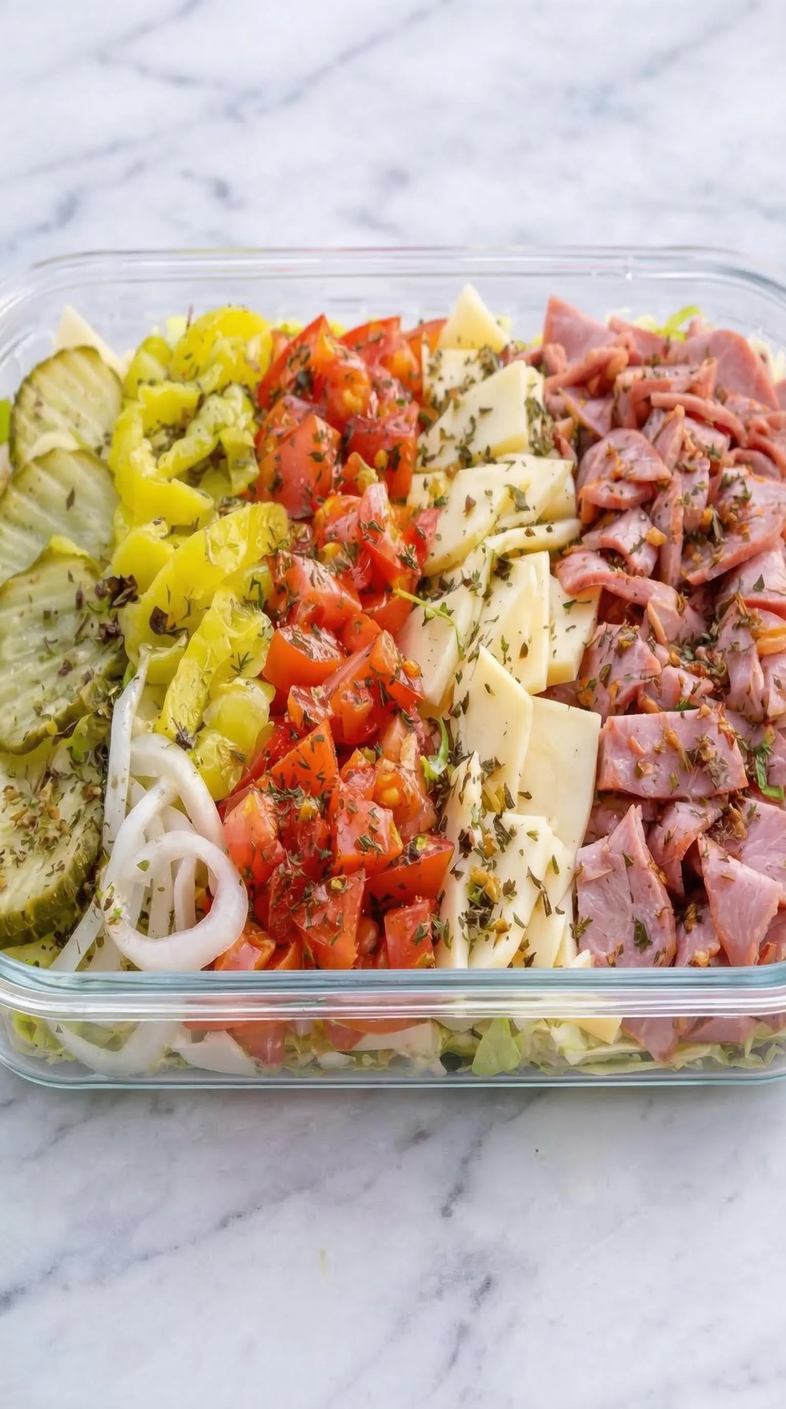 A colorful assortment of vegetables and meat in a plastic container.