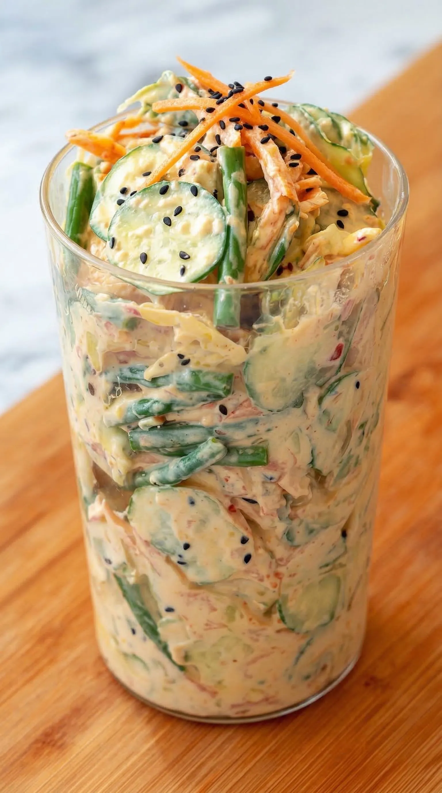 A glass bowl filled with a mixture of vegetables.