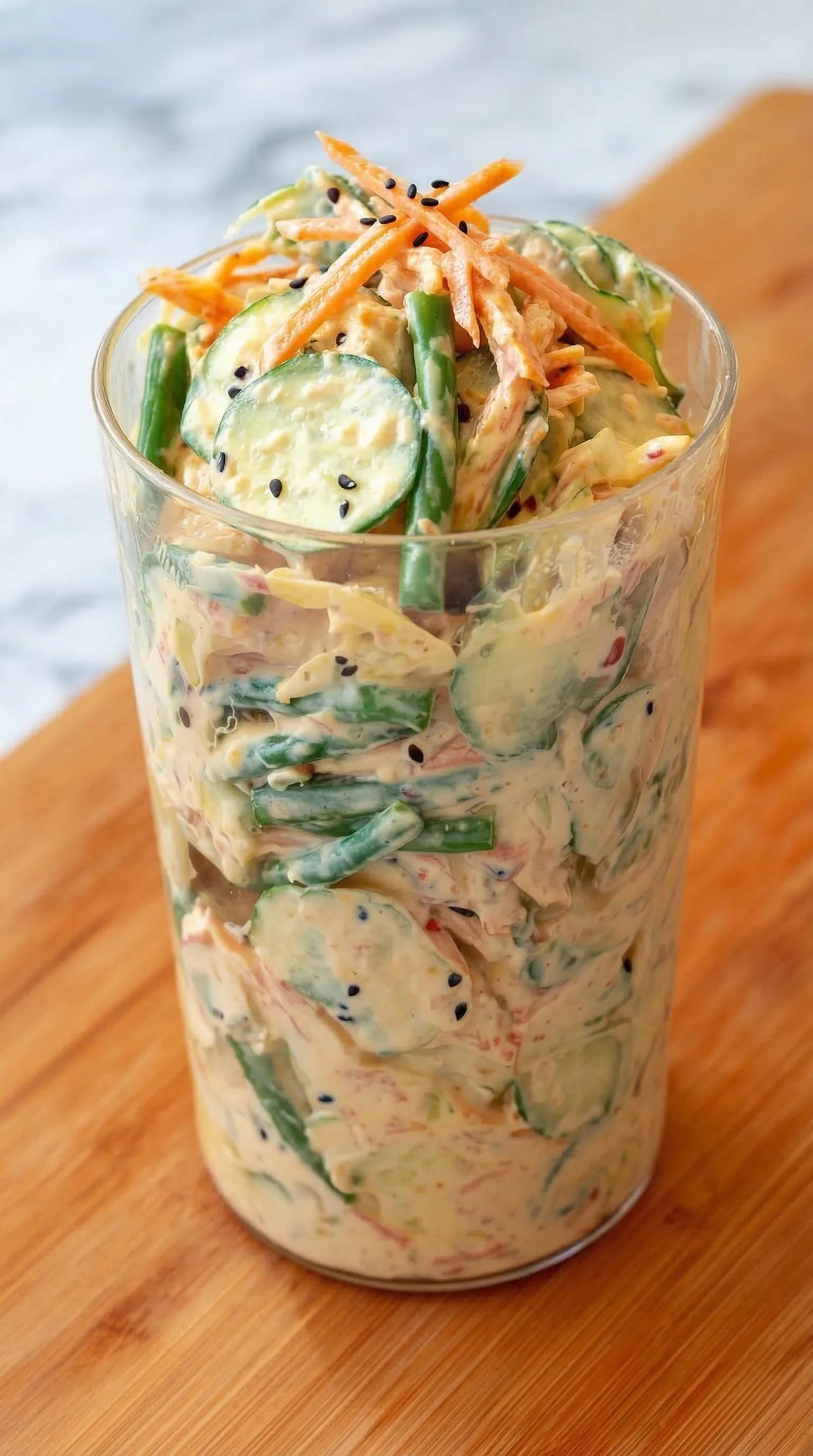 A glass bowl filled with a salad.