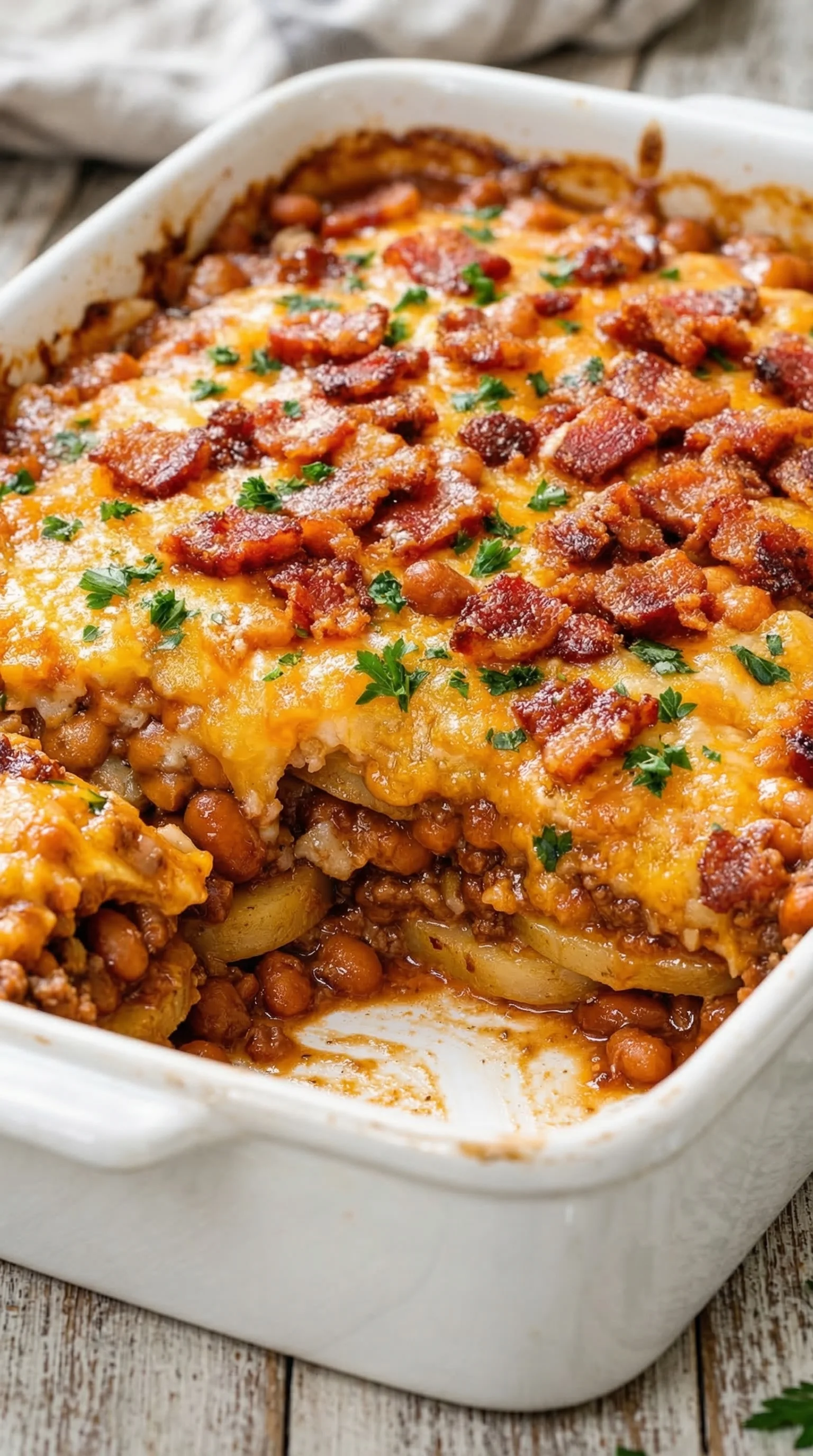 A dish of food with bacon and beans.