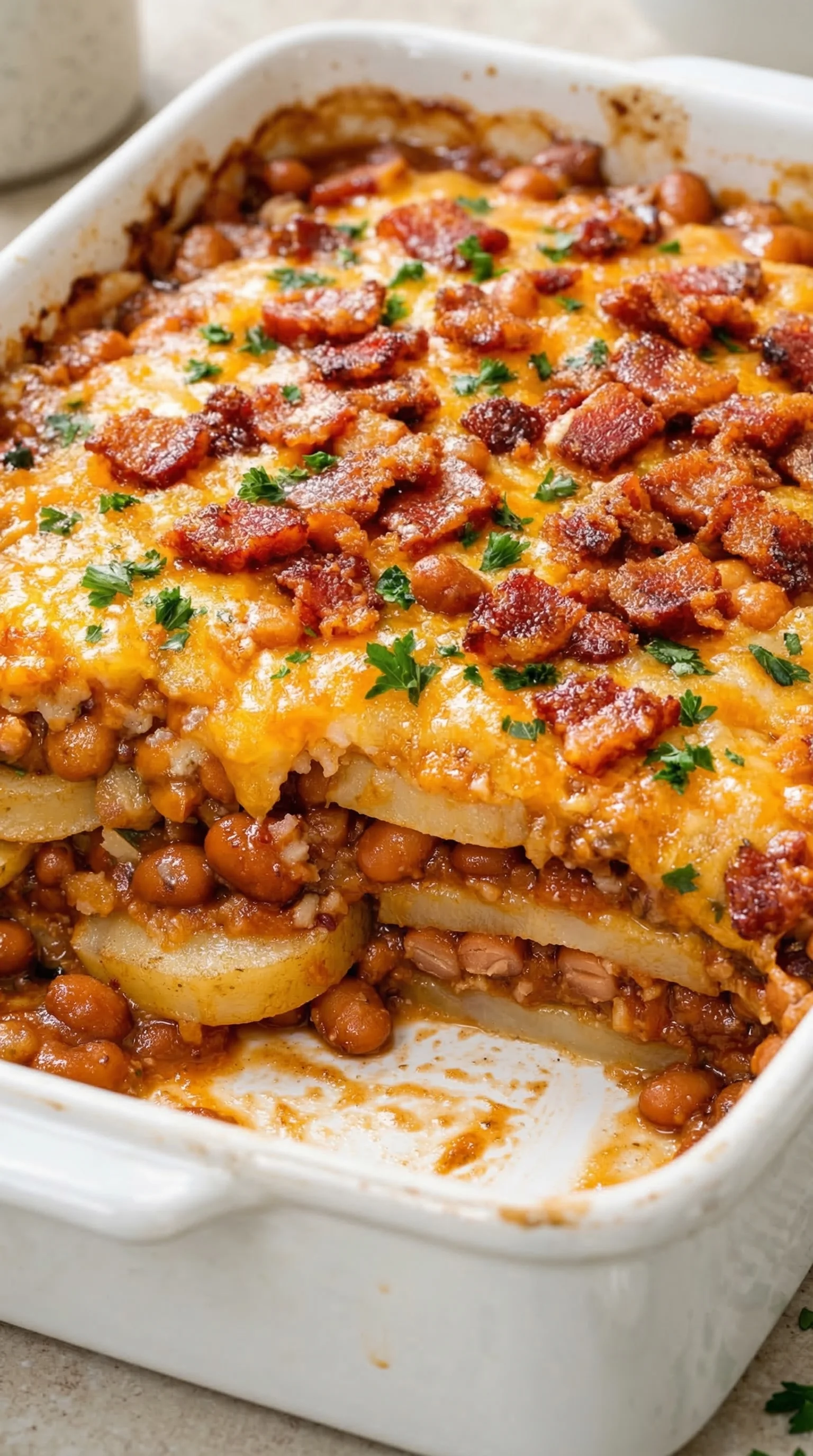 A dish of food with bacon and beans.