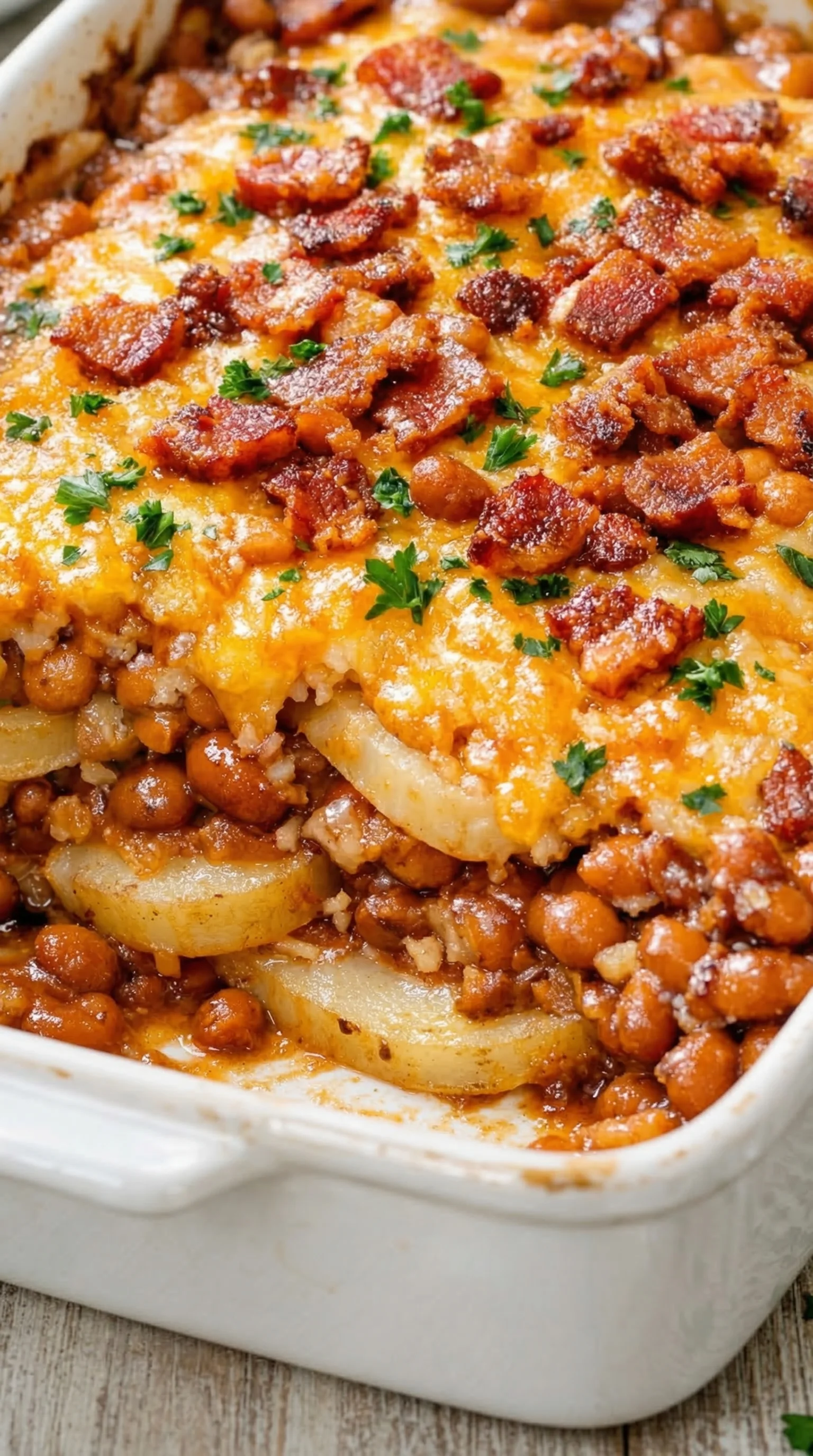 A dish of food with bacon.