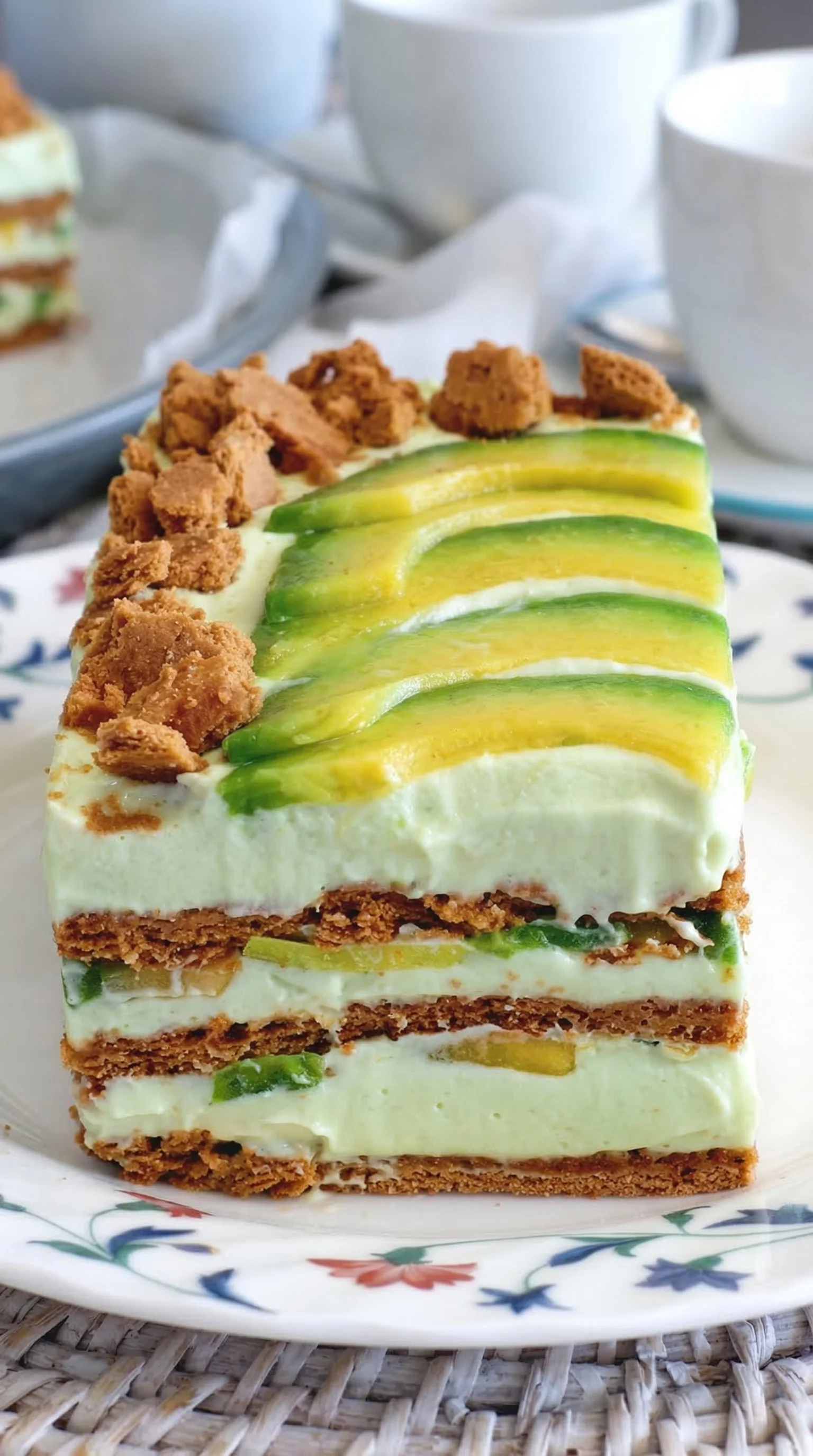 A slice of cake with a slice of avocado on top.