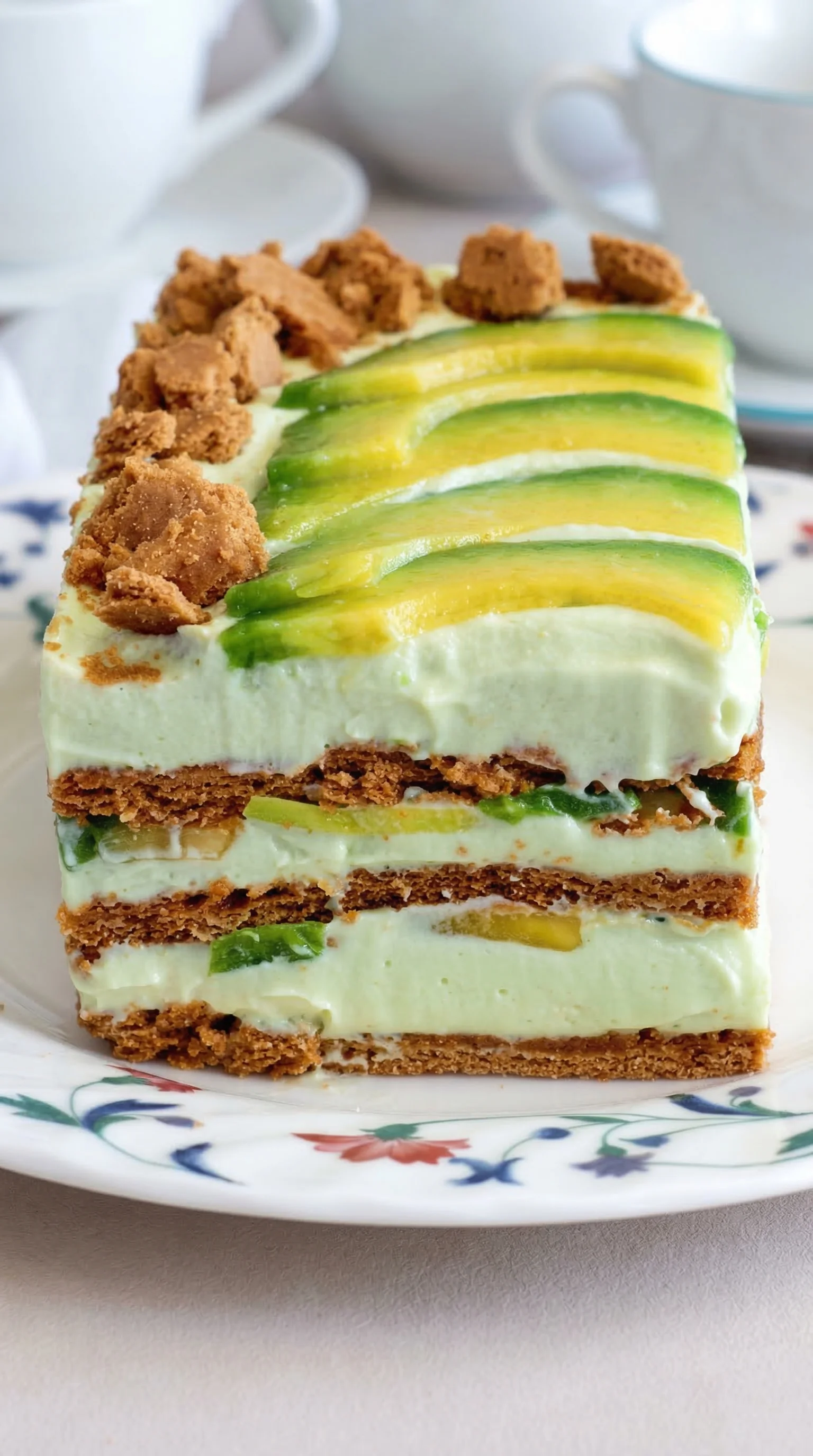 A slice of cake with avocado and chocolate.