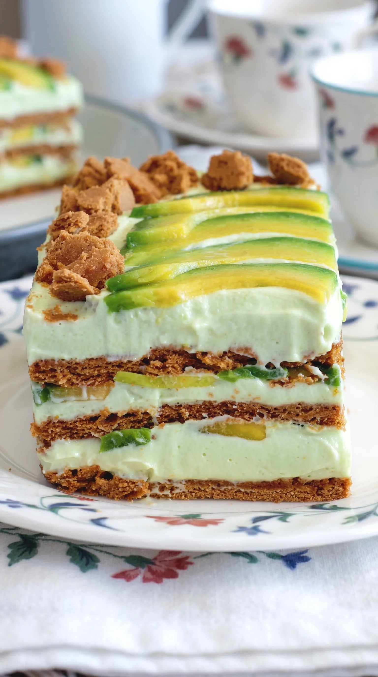 A slice of cake with avocado on top.