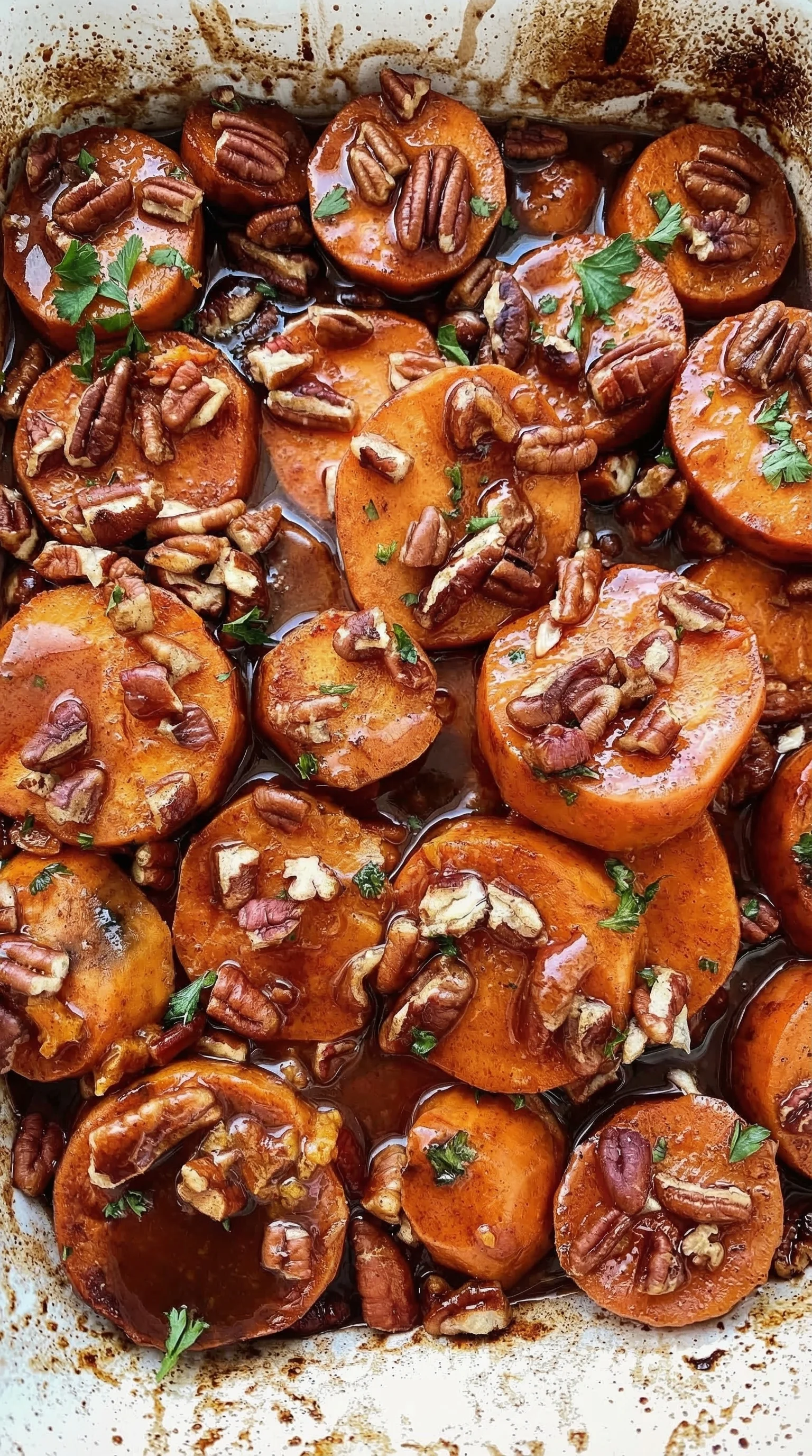 Sliced apples with nuts in a sauce.