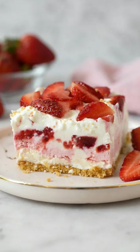 A slice of strawberry cheesecake on a plate.