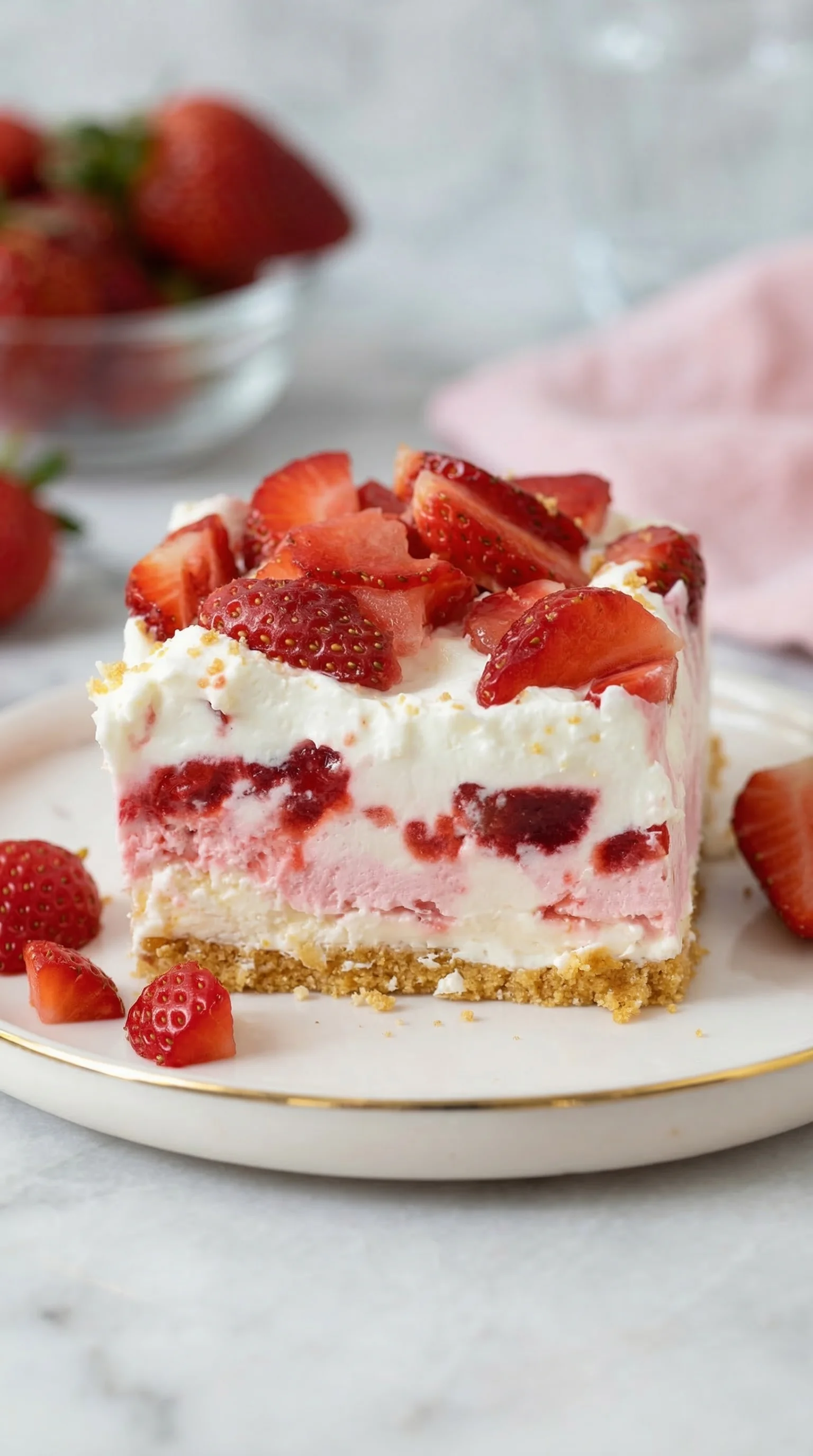 A slice of strawberry cheesecake on a plate.