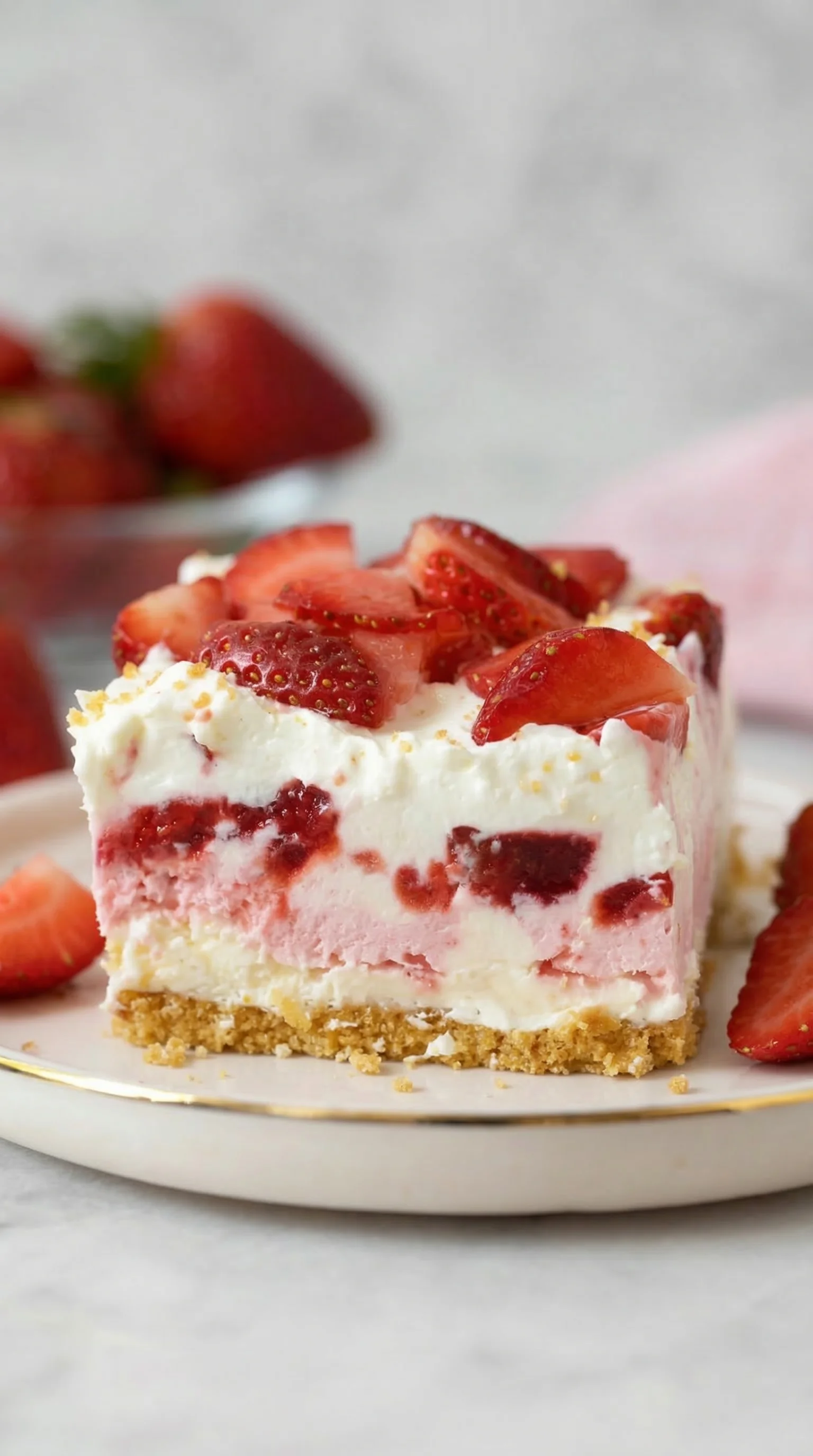 A slice of strawberry cheesecake.