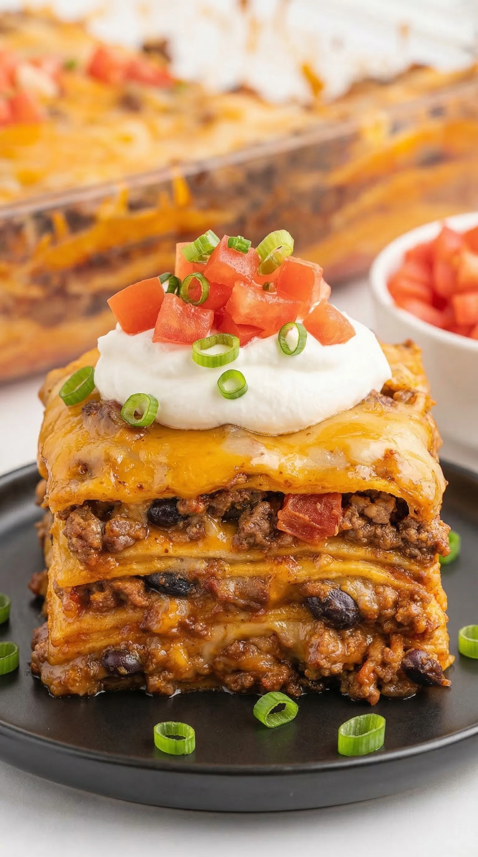 A stack of enchiladas with white cheese and tomatoes.