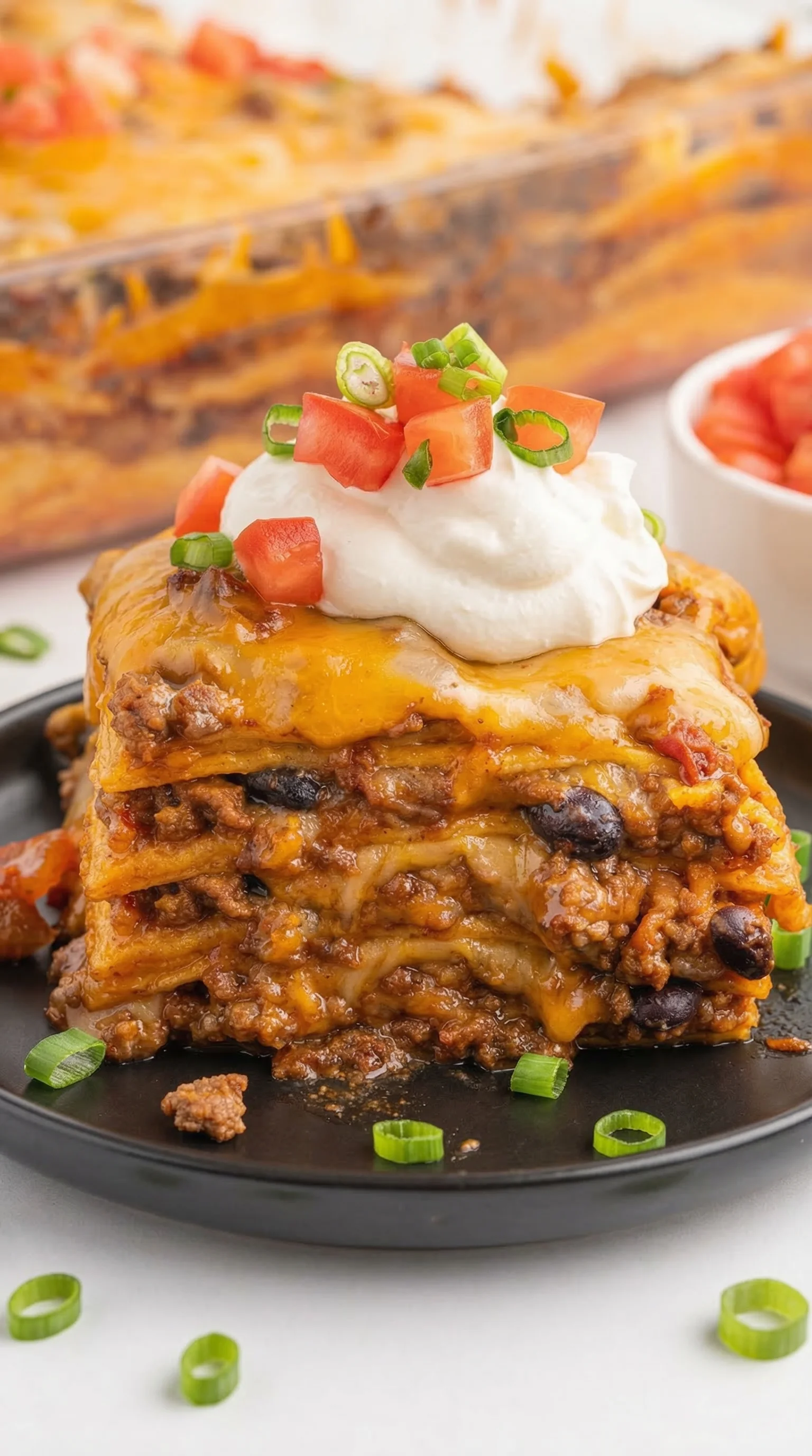 A slice of chicken enchilada with white cheese on top.