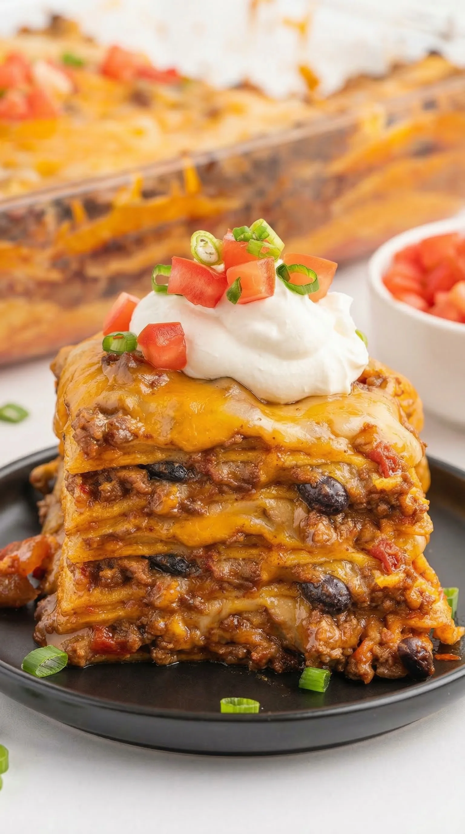 A stack of enchiladas with white cheese on top.